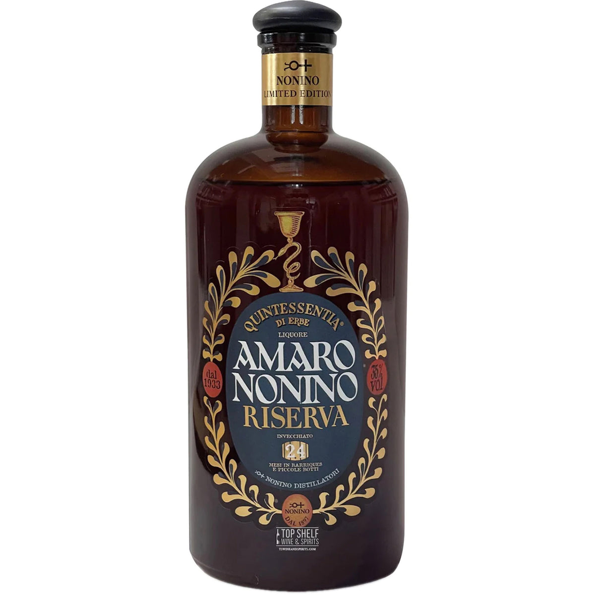 Amaro Nonino Quintessentia Riserva bottle, aged over 24 months in oak, celebrating family tradition and craftsmanship.