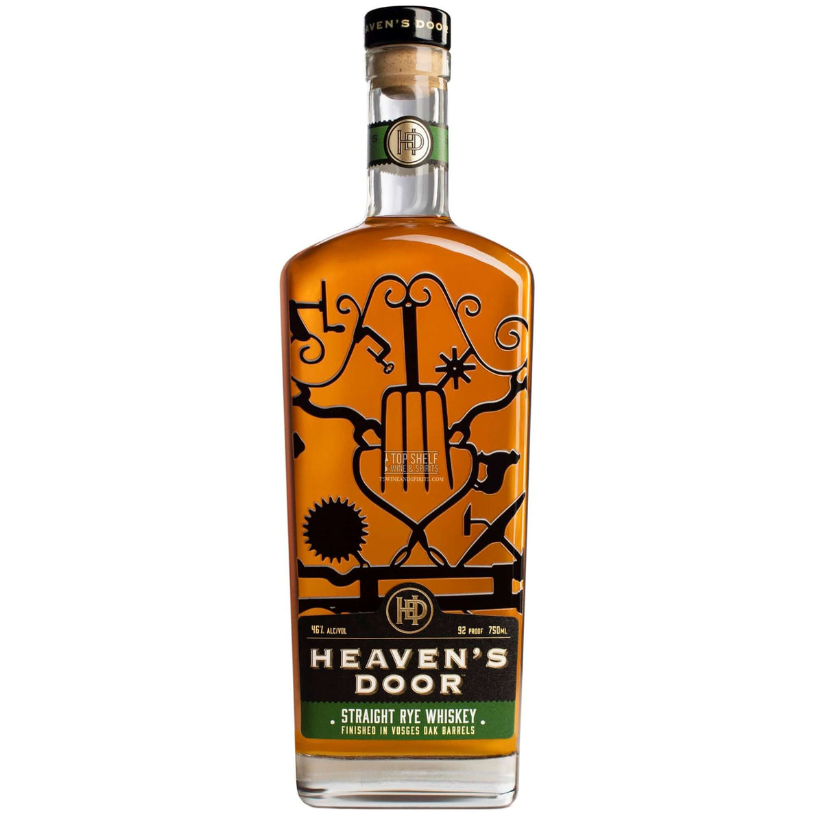 Heaven's Door Straight Rye Whiskey bottle featuring unique art by Bob Dylan and toasted oak cigar barrel finish.