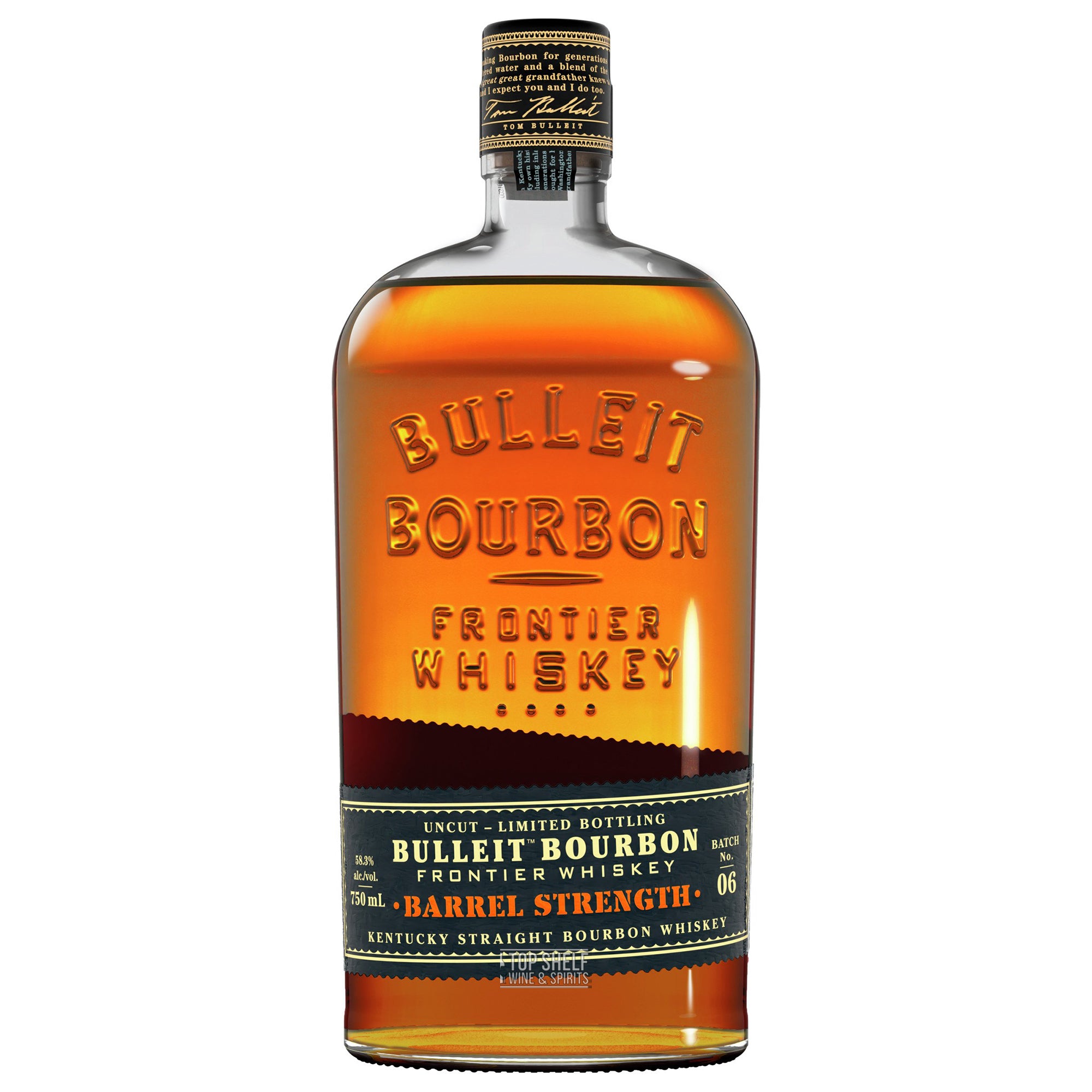 Bulleit Barrel Strength Bourbon bottle showcasing uncut, non-chill filtered Kentucky Straight Bourbon Whiskey.