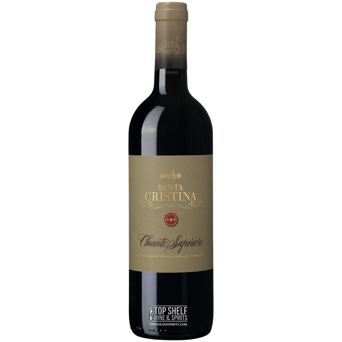 Santa Cristina Chianti Superiore wine bottle, ruby red with purplish highlights, complex fruity nose, and velvety tannins.