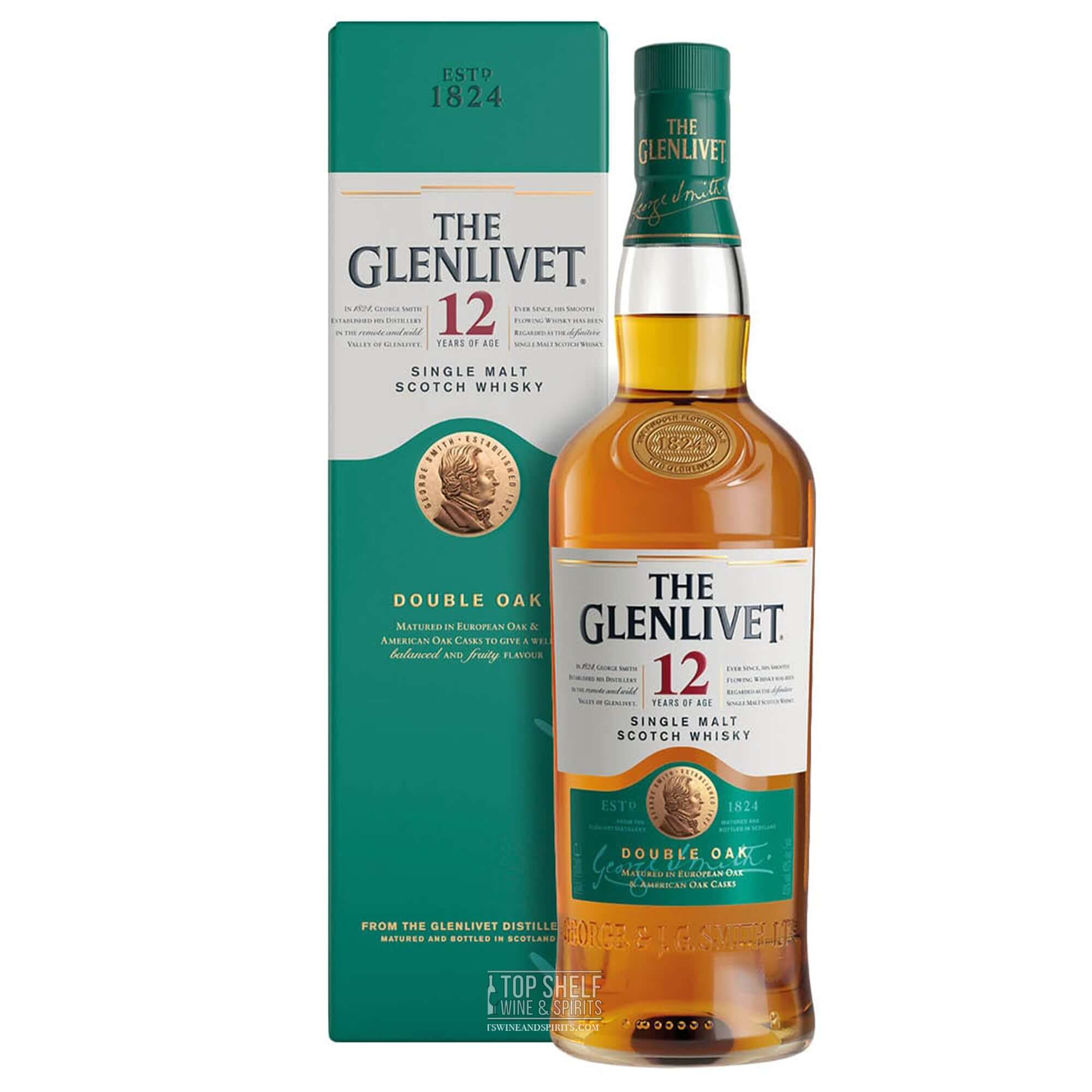 The Glenlivet 12 Year Old Scotch Whisky bottle and box, showcasing its smooth and fruity character.