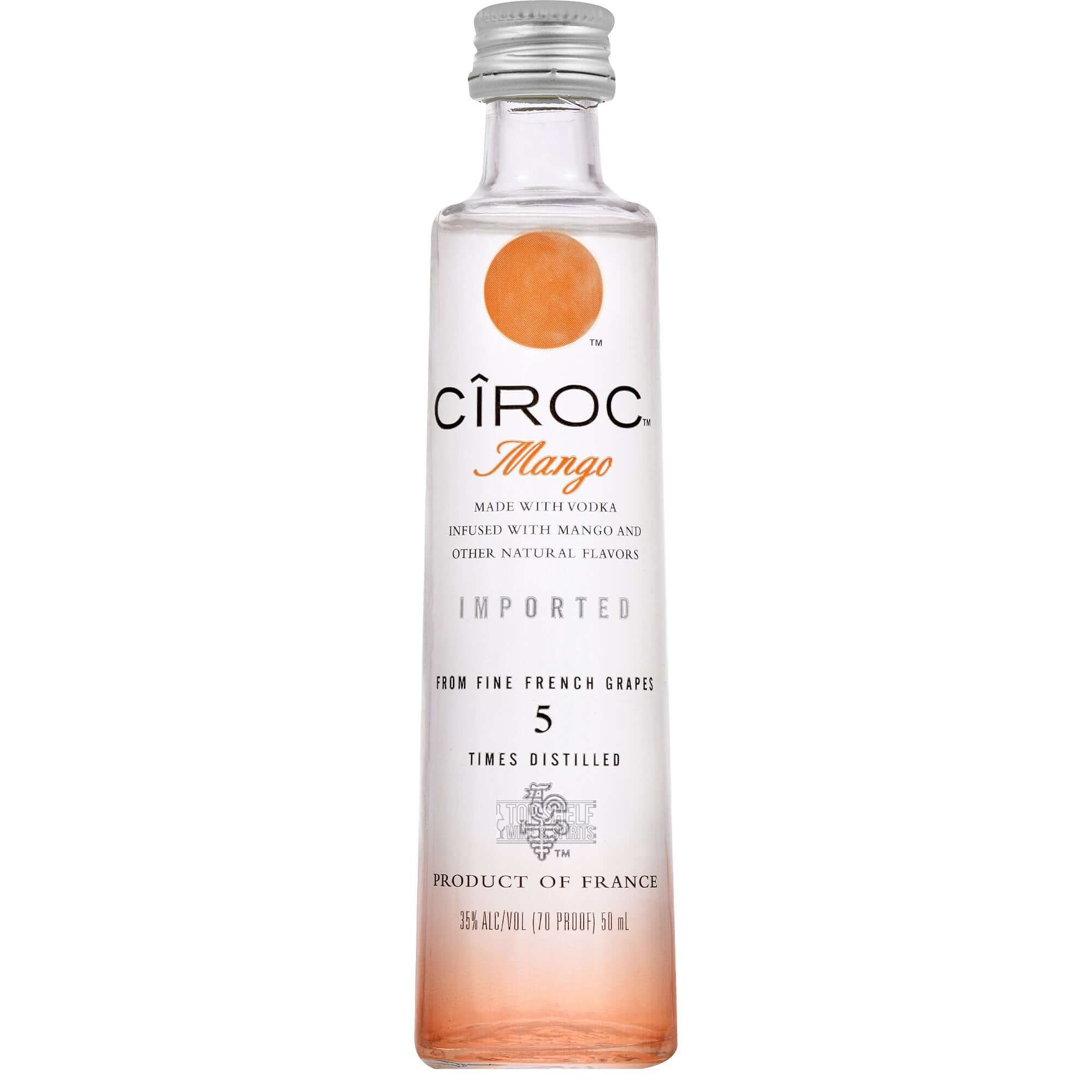 Ciroc Mango 50ml bottle showcasing a rich mango-flavored vodka made from fine French grapes.