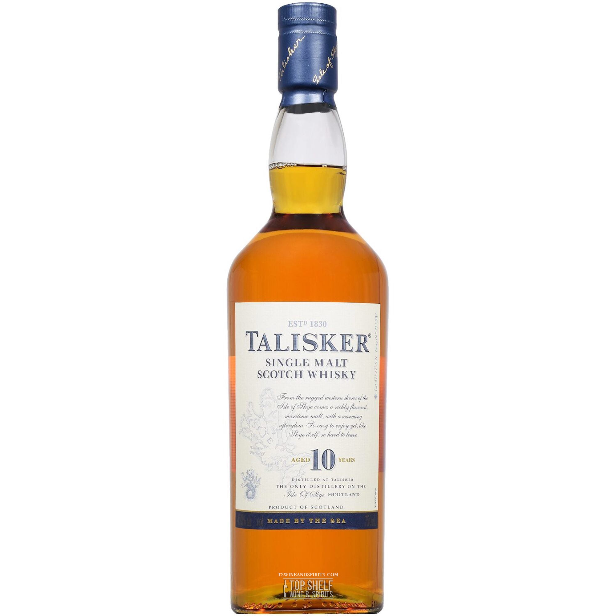 Talisker 10 Year Single Malt Scotch Whisky bottle, showcasing rich gold color and classic label design.