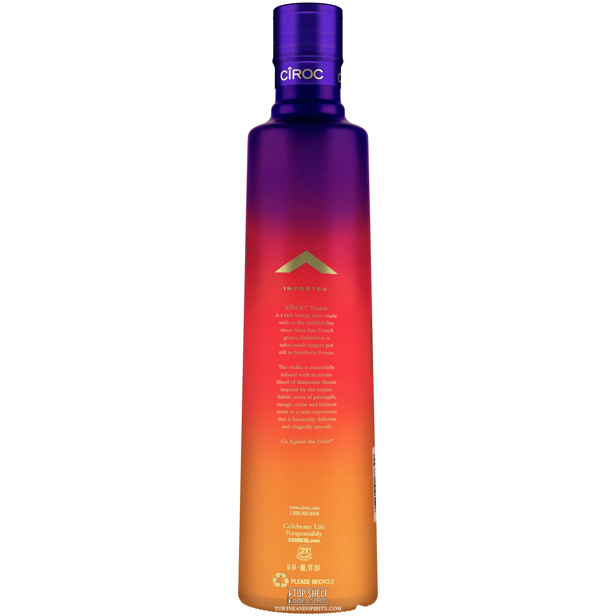 Ciroc Passion Vodka Limited Edition bottle with vibrant orange and purple design, crafted from French grapes and tropical flavors.