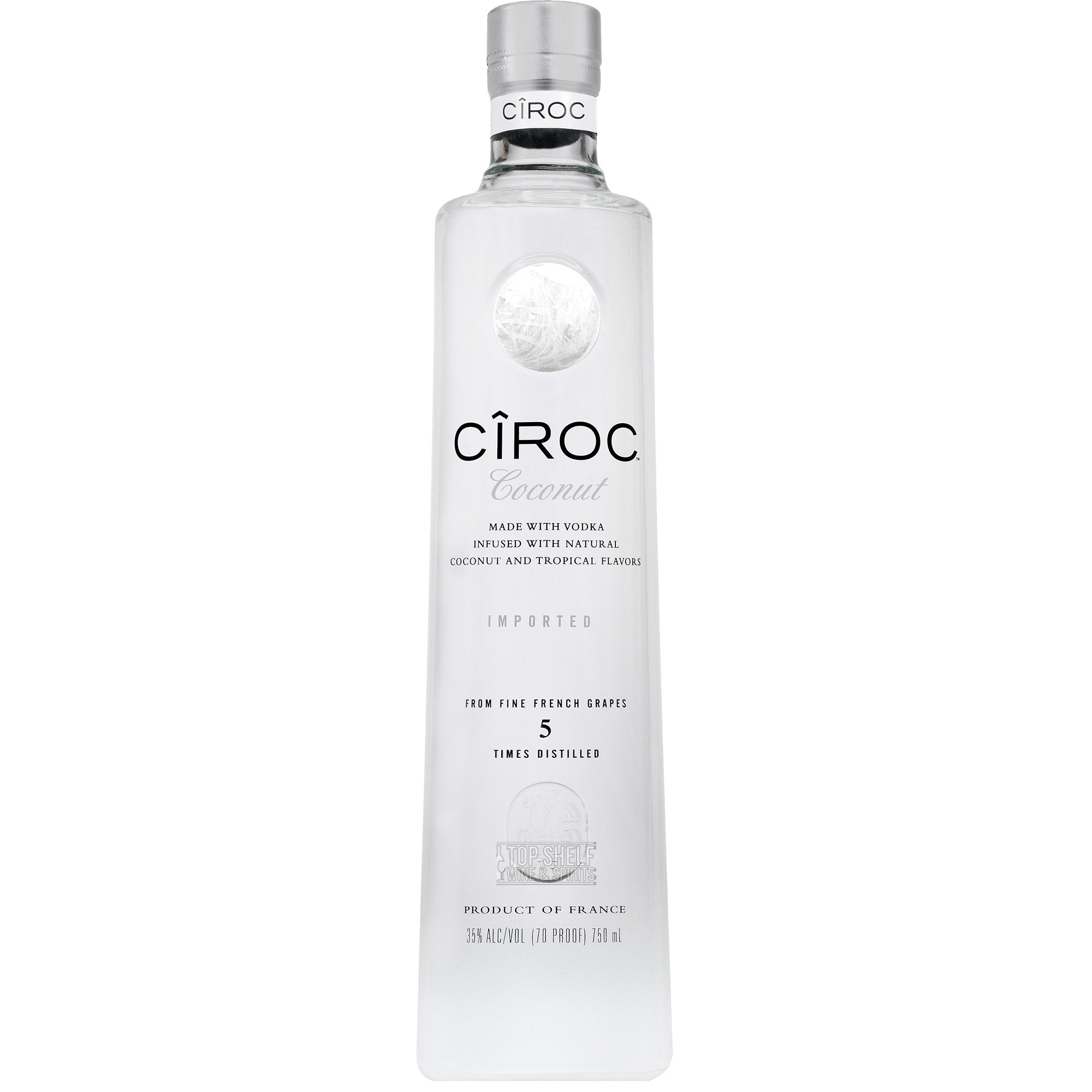 CÎROC Coconut vodka bottle, infused with natural coconut and tropical flavors, 5 times distilled, gluten free.