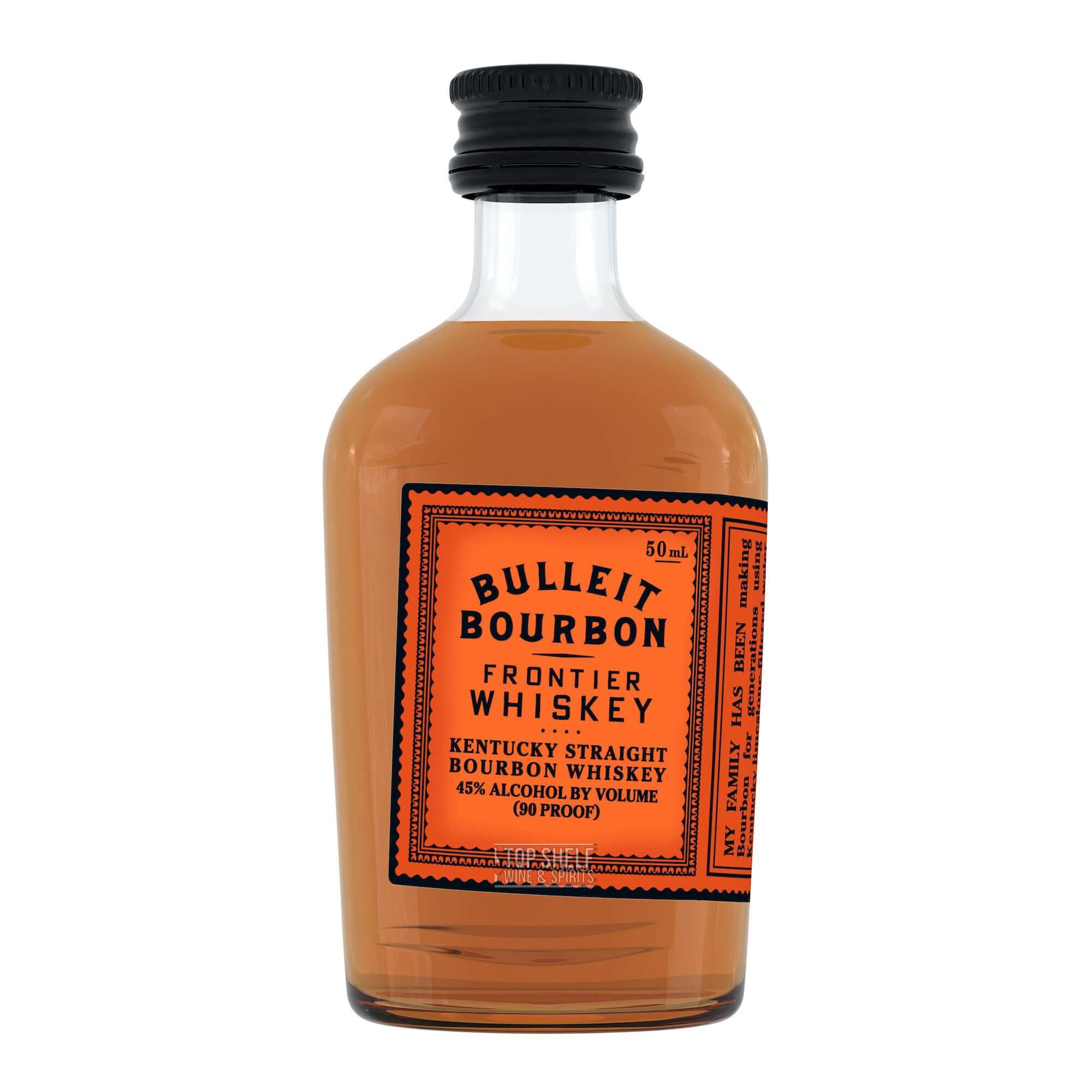 Bulleit Bourbon 50ml bottle showcasing Kentucky straight whiskey with distinctive orange label.