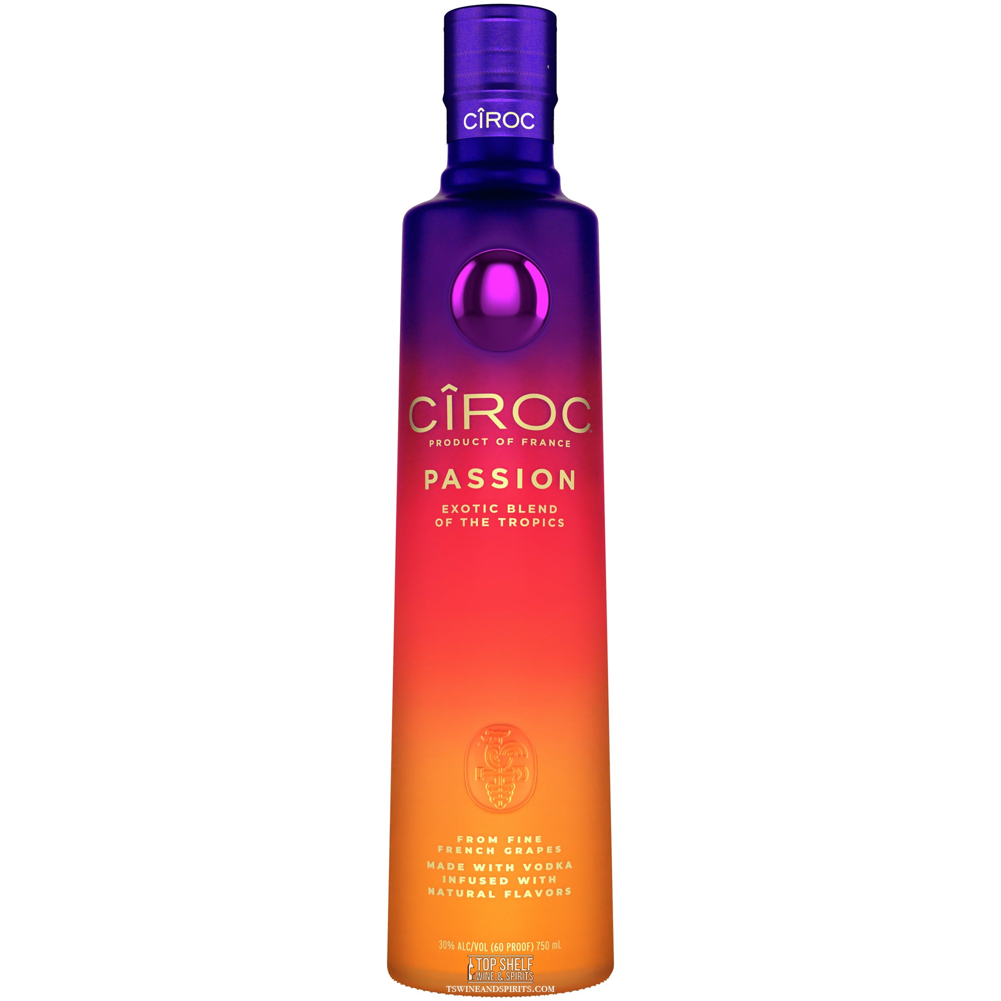Ciroc Passion Vodka Limited Edition bottle, crafted from French grapes with tropical flavors of pineapple and passion fruit.