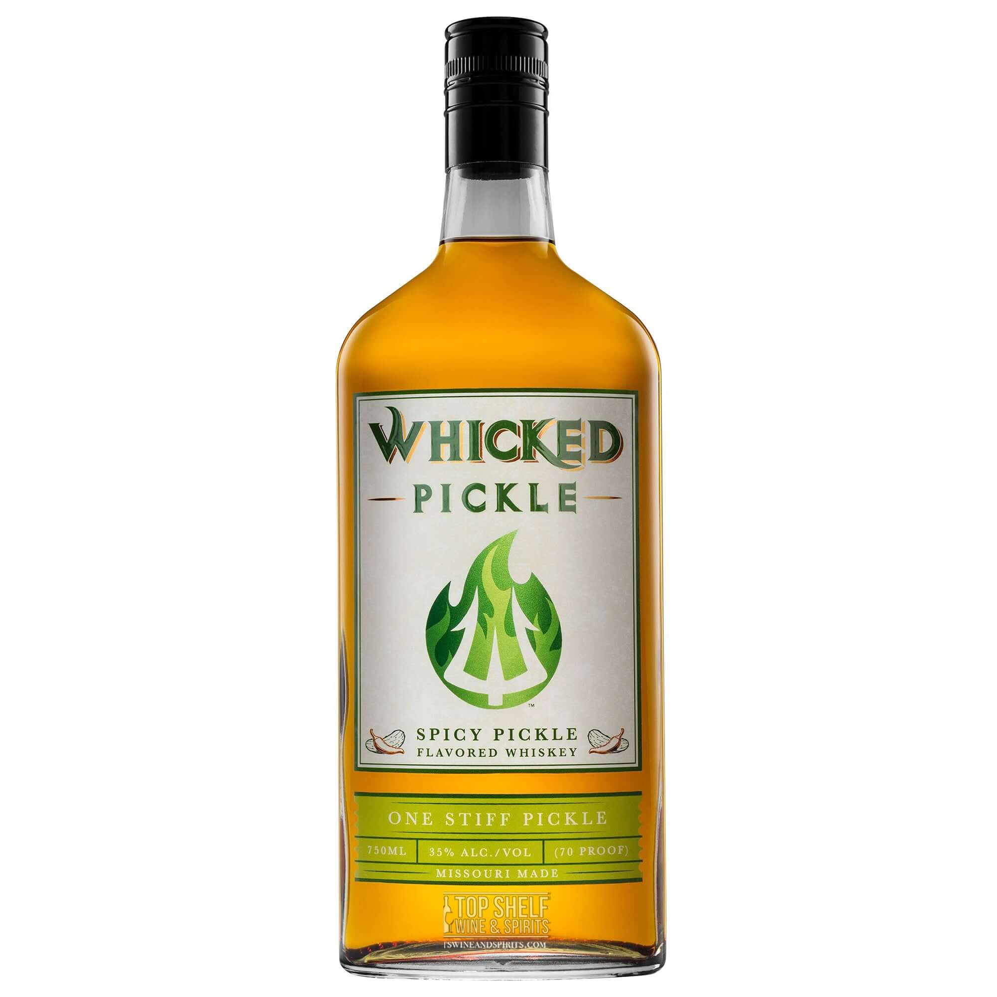 Bottle of Whicked Pickle spicy pickle flavored whiskey with bold green label and fire motif.