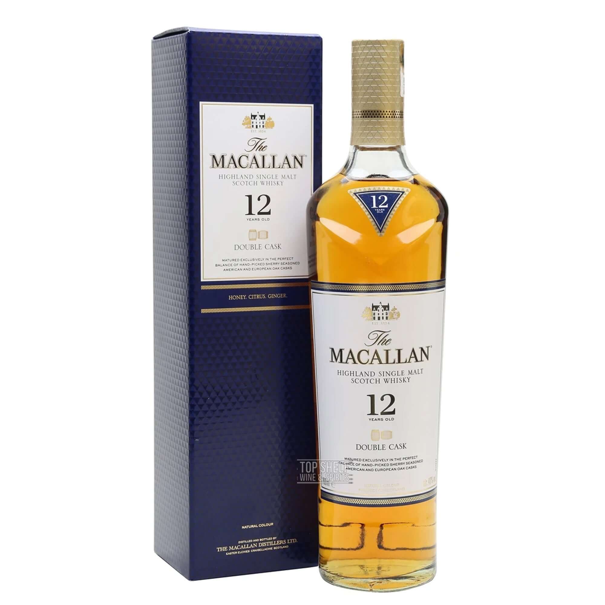 The Macallan Double Cask 12 Year with packaging, showcasing honey and citrus flavors in a premium single malt whisky.