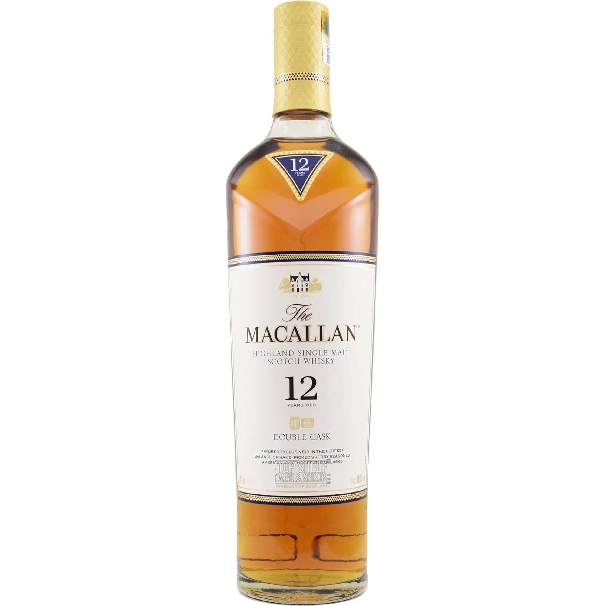 The Macallan Double Cask 12 Year single malt whisky bottle showcasing rich amber color and classic label design.