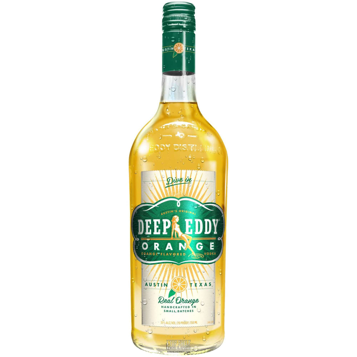 Deep Eddy Orange Vodka bottle featuring real orange juice and cane sugar, refreshing taste, 35% ABV.