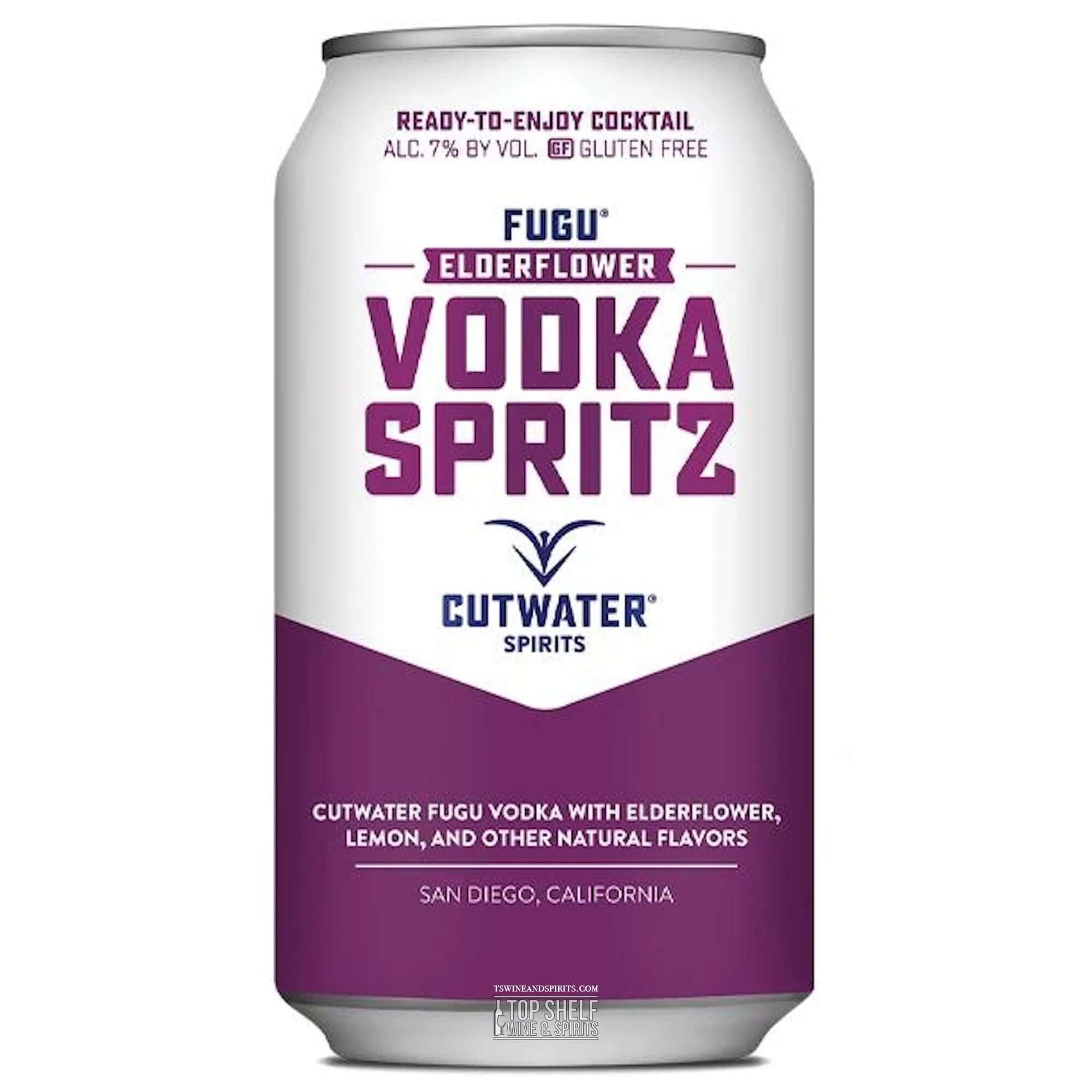 Cutwater Elderflower Vodka Spritz can showcasing a ready-to-enjoy cocktail with 7% ABV, flavored with elderflower and lemon.