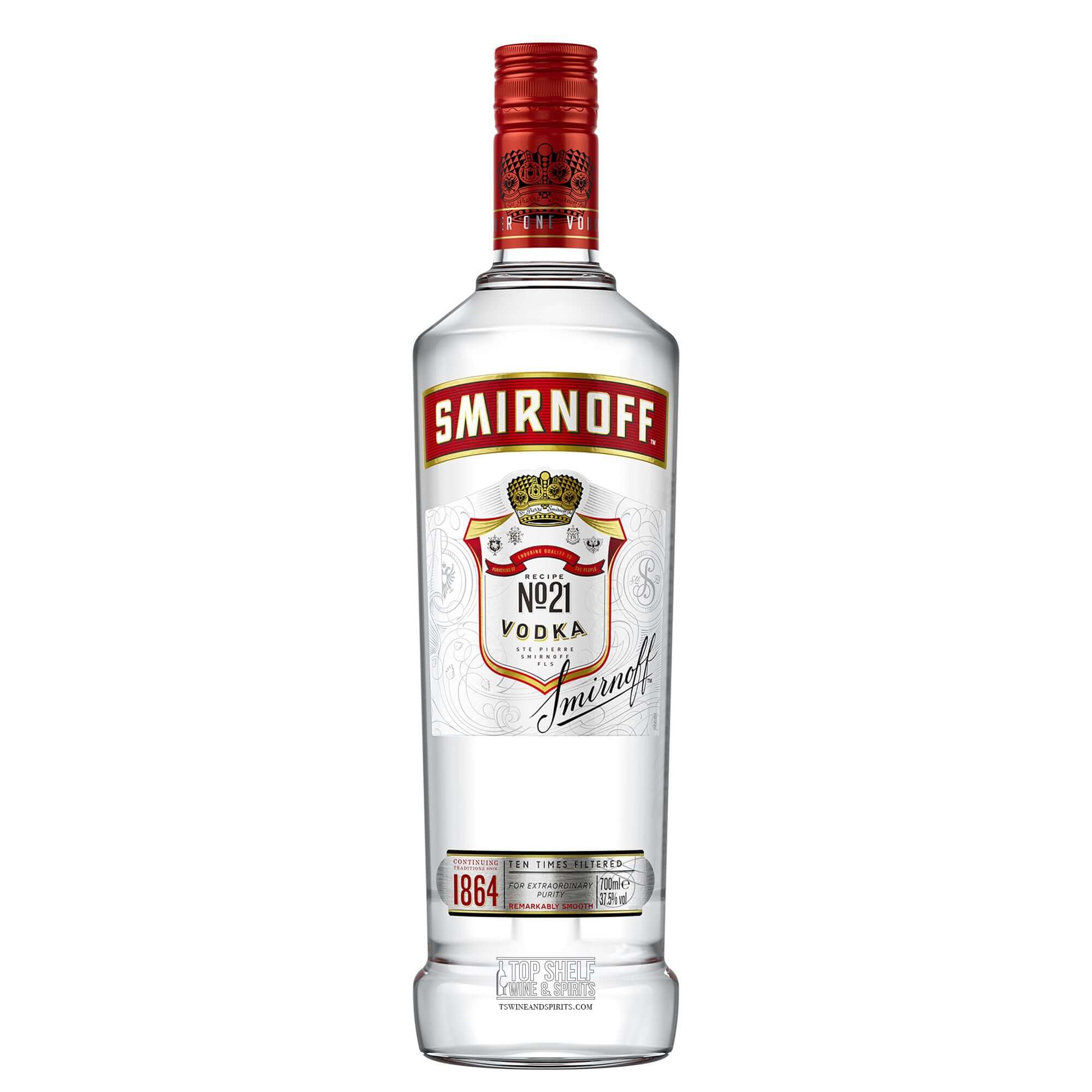 Smirnoff No. 21 Triple Distilled Vodka bottle, 80 proof, perfect for cocktails and mixed drinks.