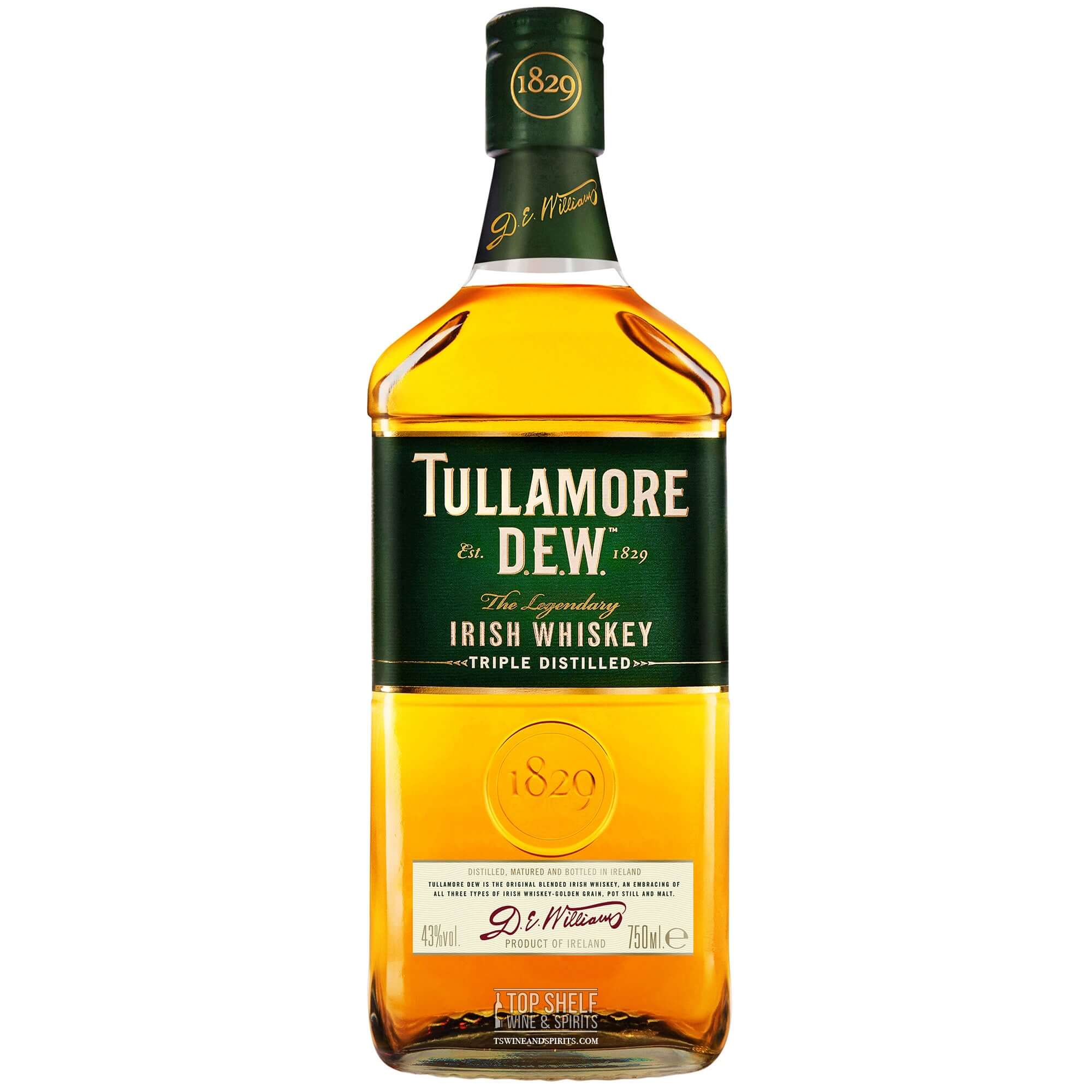 Bottle of Tullamore D.E.W. Original Irish Whiskey, triple distilled in ex-bourbon and sherry casks.