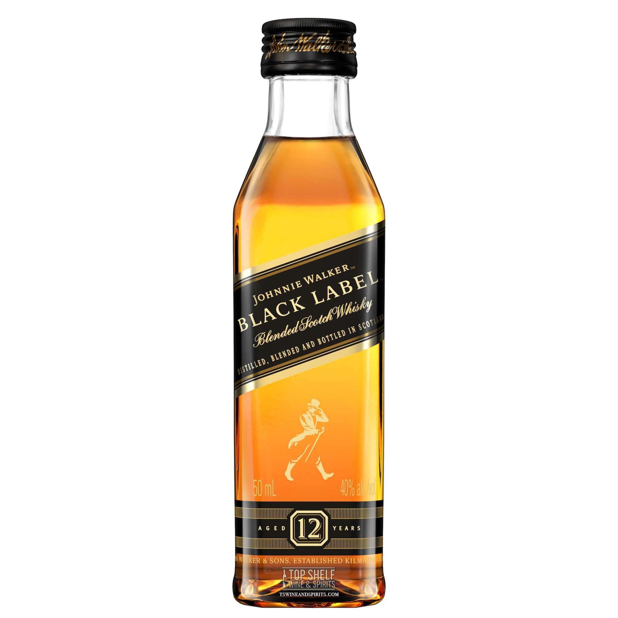 Johnnie Walker Black Label 50ml bottle, aged 12 years, showcasing its rich, complex whiskey with smoky and fruity flavors.