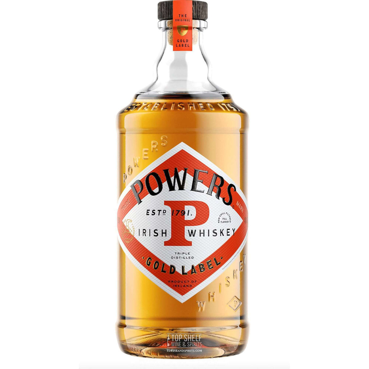 Powers Gold Label Irish Whiskey bottle showcasing its distinctive labeling and rich amber color.