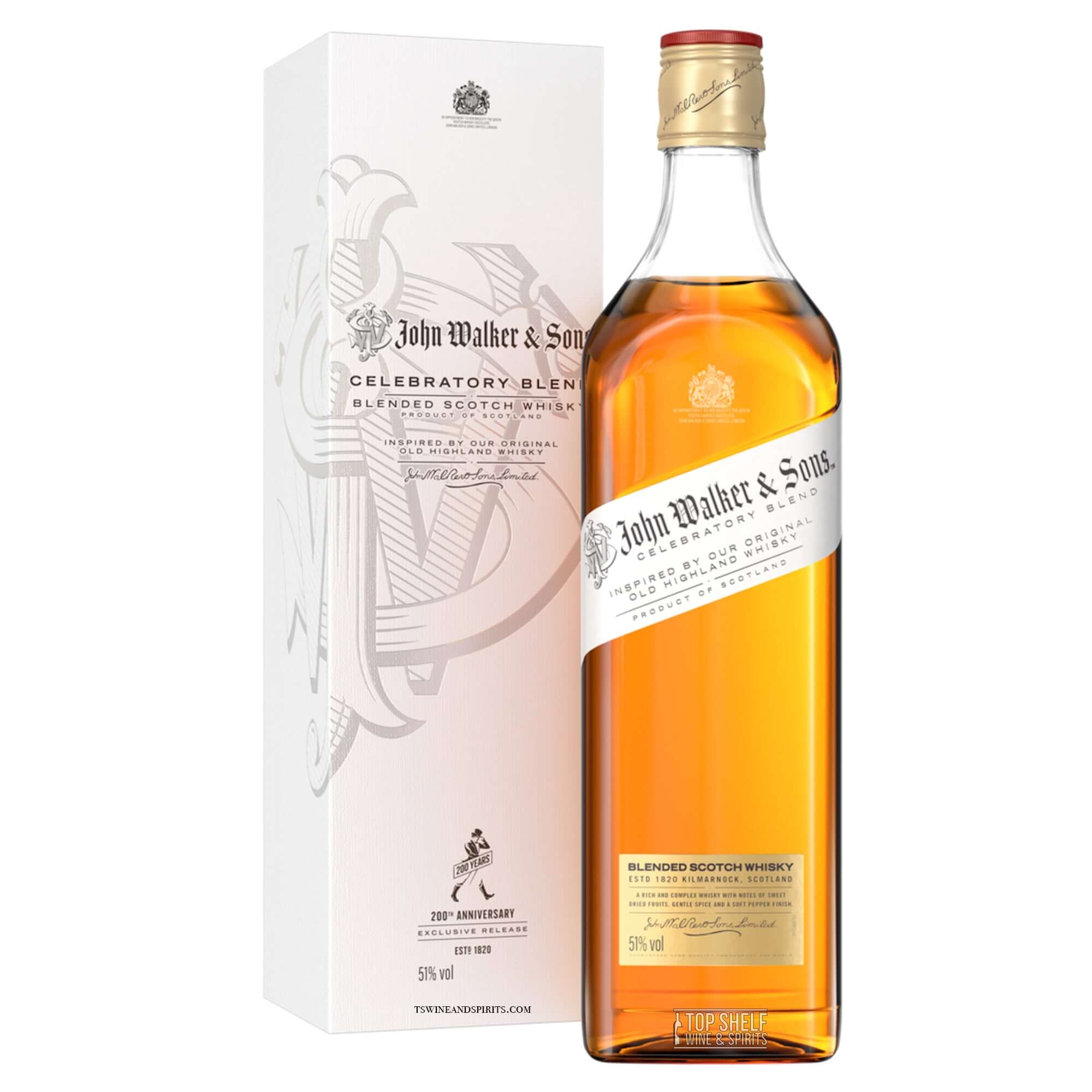 Johnnie Walker & Sons Celebratory Blend 200th Anniversary Scotch Whisky bottle with elegant packaging.