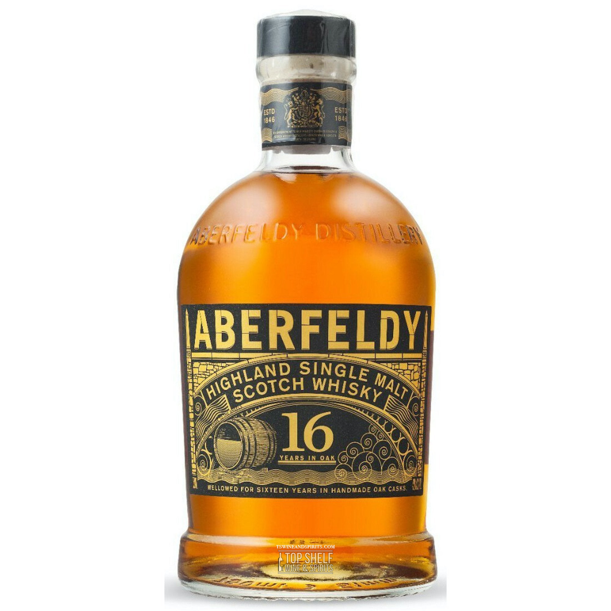 Aberfeldy 16 Year Single Malt Scotch Whisky bottle, rich amber color, handcrafted in the Highlands of Scotland.