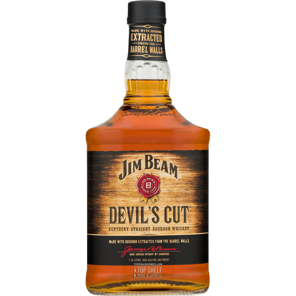 Jim Beam Devil's Cut bourbon bottle showcasing rich amber color and bold flavors of oak and vanilla.