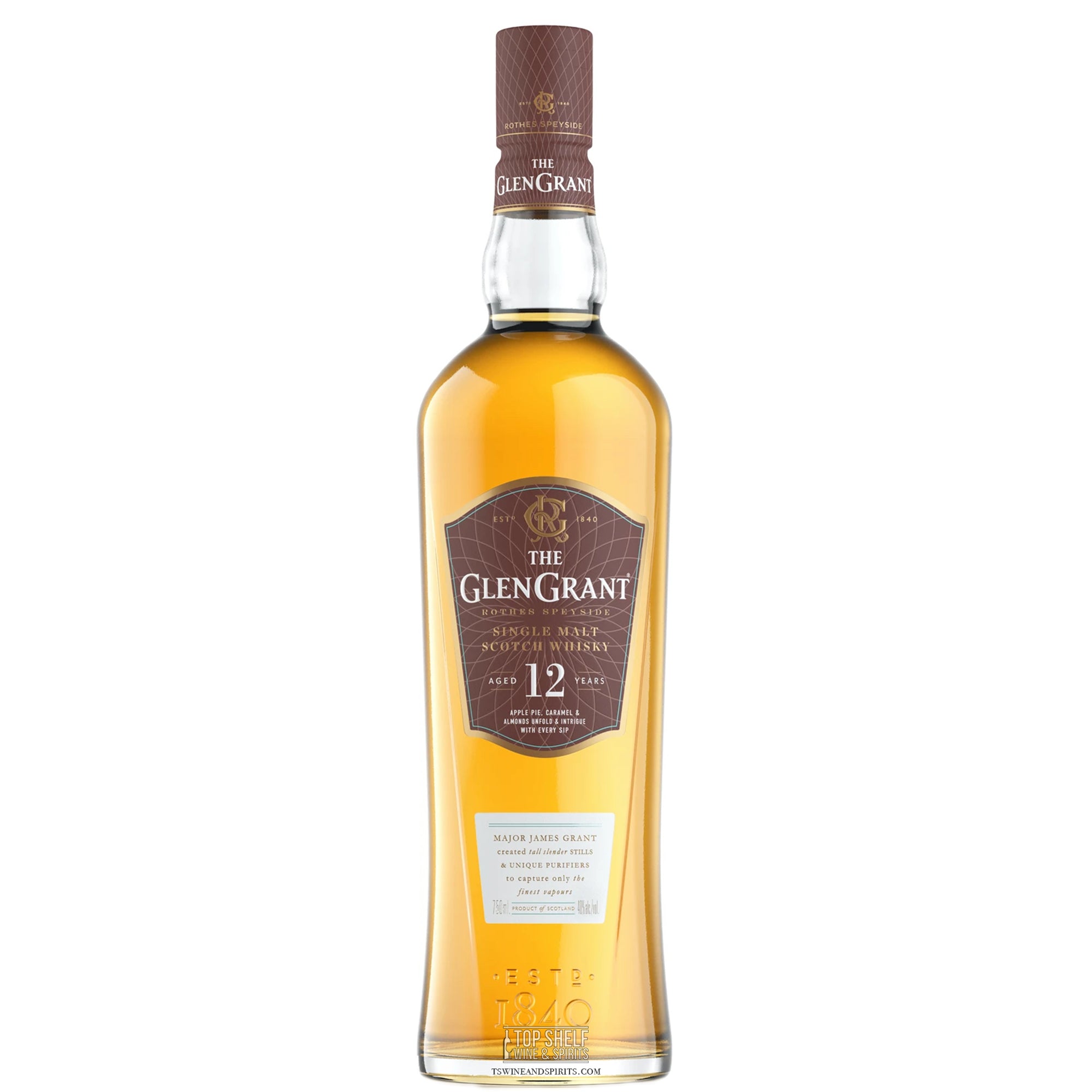 Glen Grant 12 Year Single Malt Scotch whisky bottle with bright gold color and elegant design.