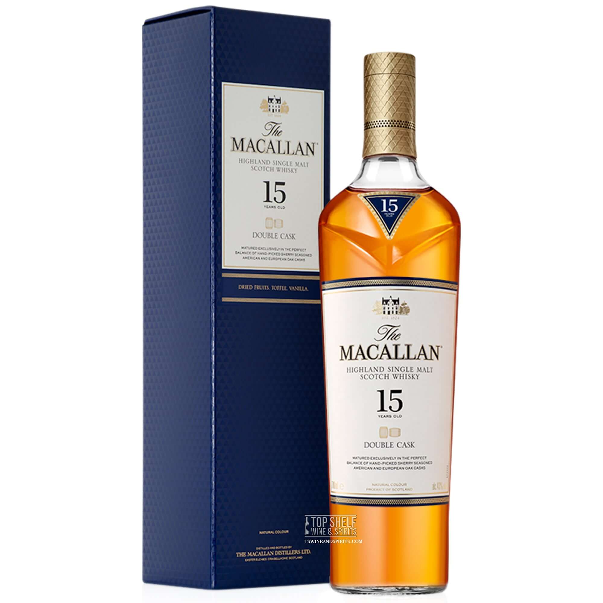 The Macallan Double Cask 15 Year single malt whisky in box, showcasing its golden butterscotch color and elegance.