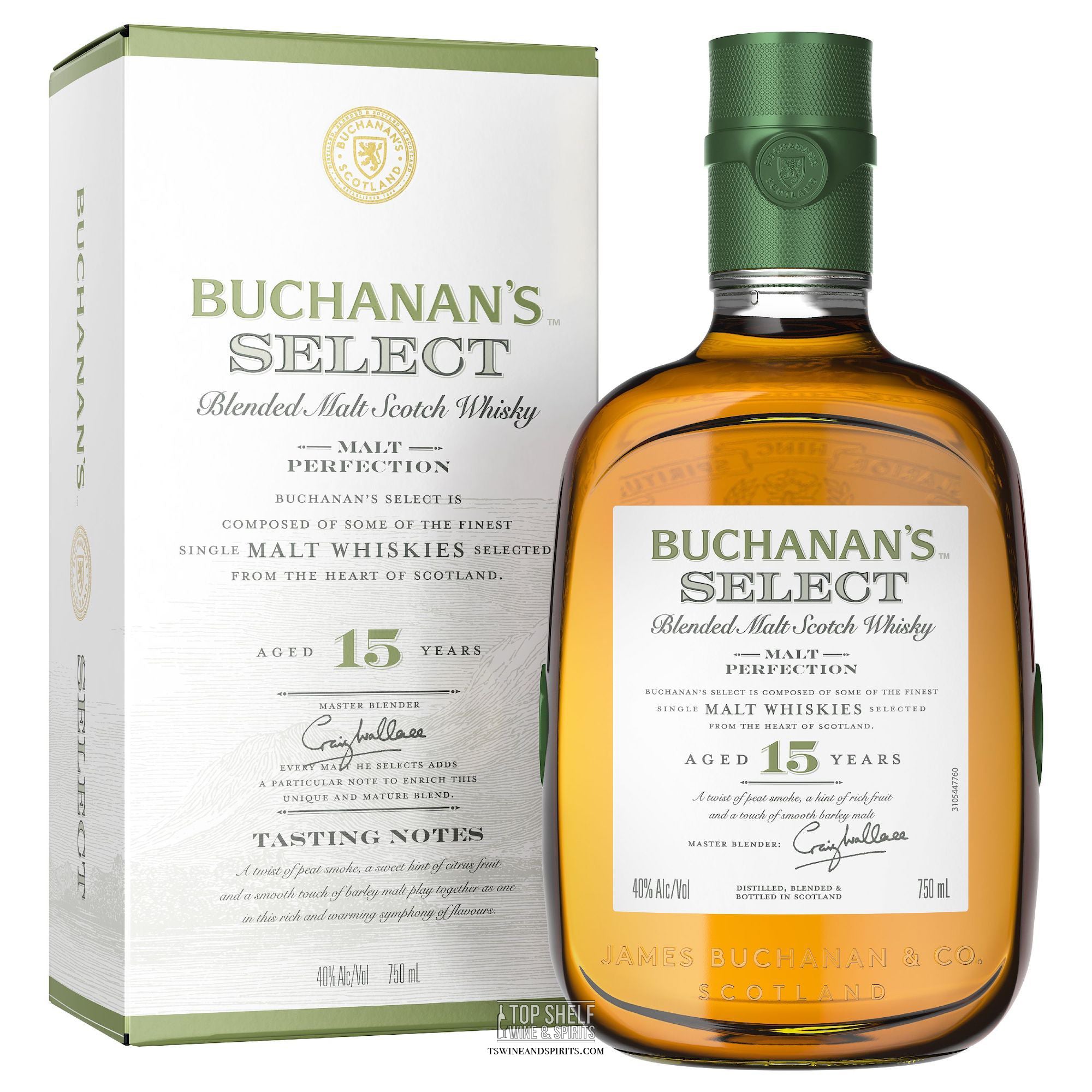 Buchanan's Select 15 Year Blended Malt Scotch Whisky bottle and packaging, showcasing luxury and rich tasting notes.