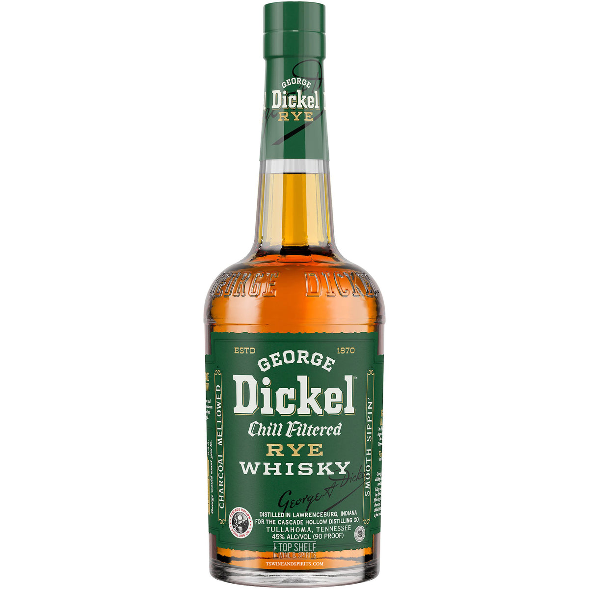 George Dickel Rye Whiskey bottle, 90 proof, 95% rye, chill filtered for a smooth finish.