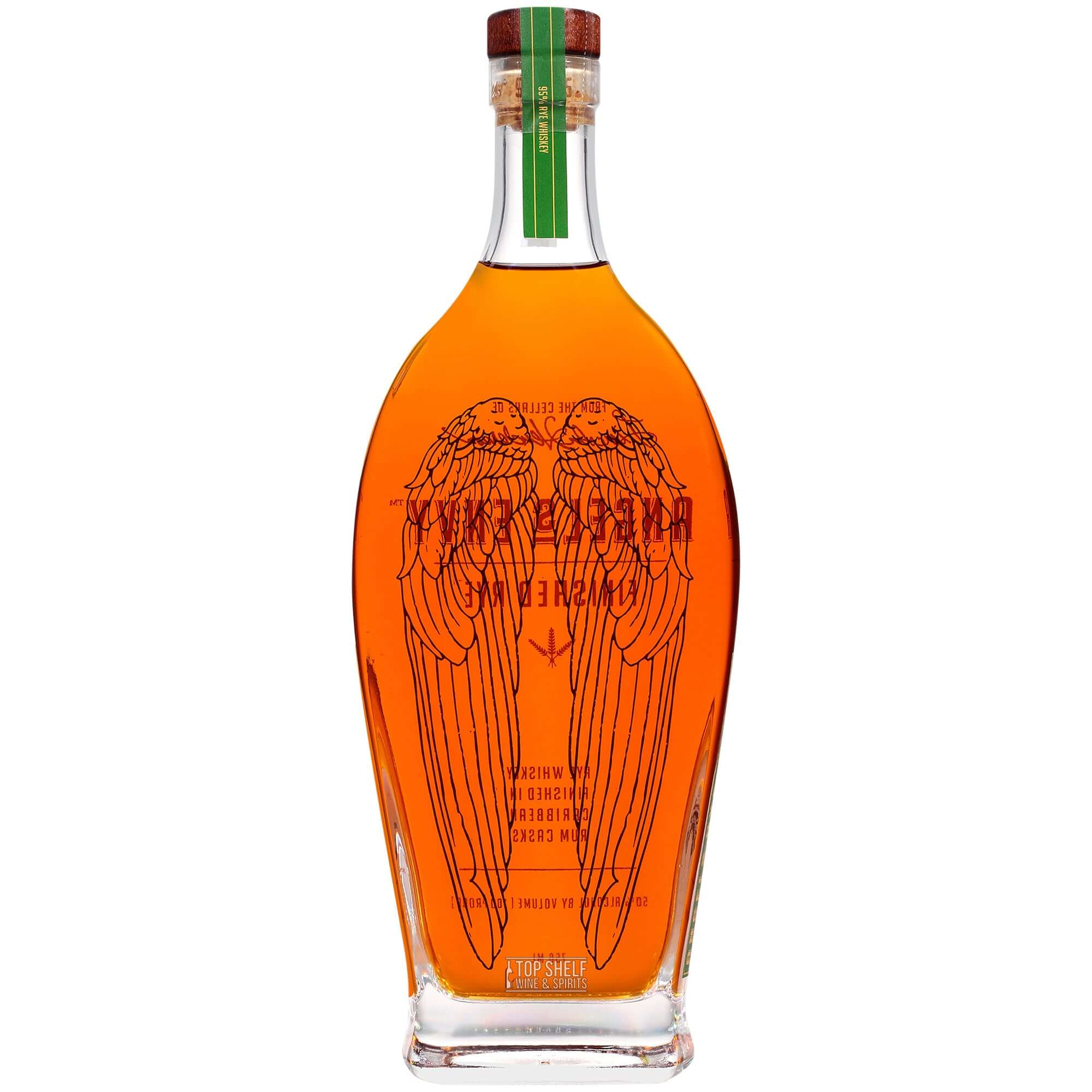 Angel's Envy Rum Finished Rye Whiskey bottle featuring unique design and rich amber color.