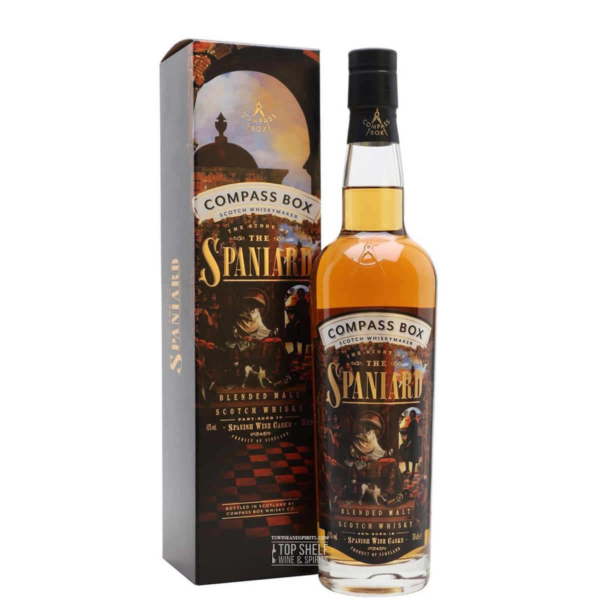 Compass Box The Story of the Spaniard Scotch whisky bottle and packaging featuring rich colors and elegant design.