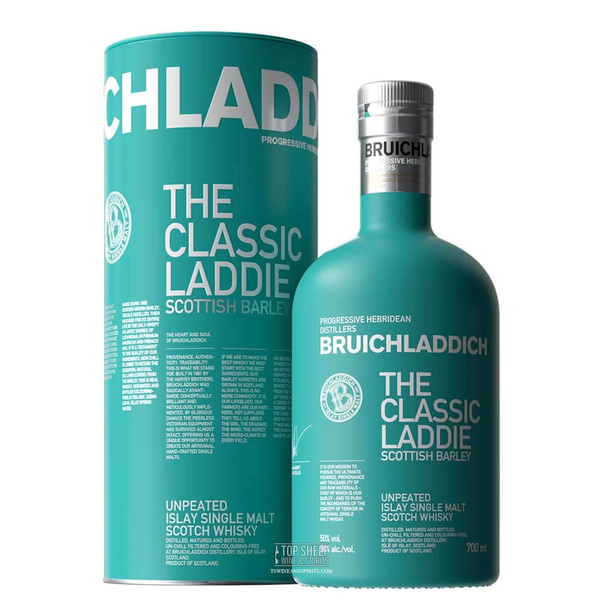 Bruichladdich The Classic Laddie Scottish Barley whisky bottle with turquoise packaging.