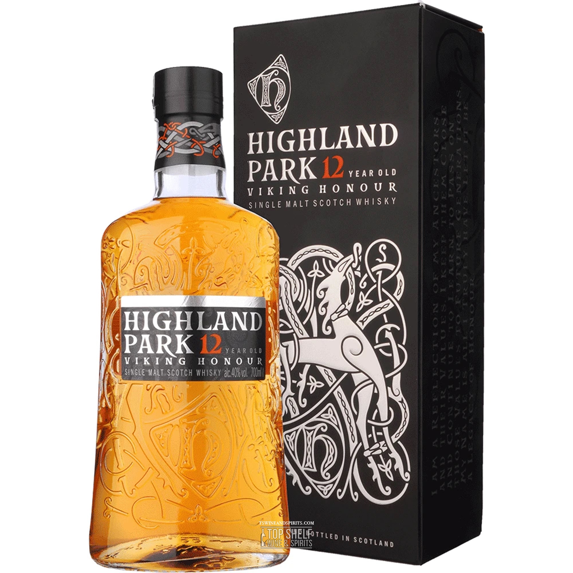 Highland Park 12 Year Old single malt Scotch whisky bottle with decorative packaging.