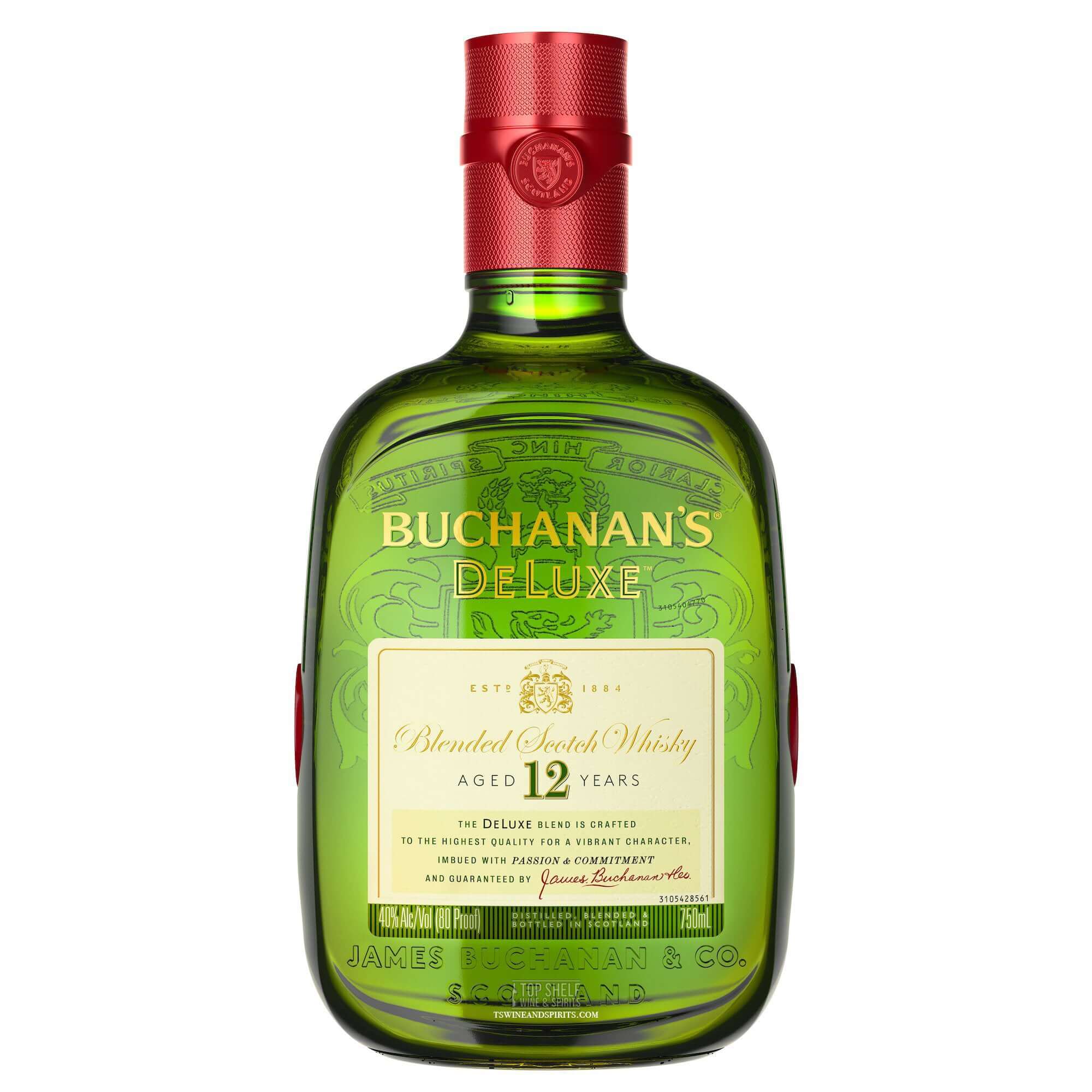 Buchanan's Deluxe 12-Year Blended Scotch Whisky bottle with elegant green design and red cap.