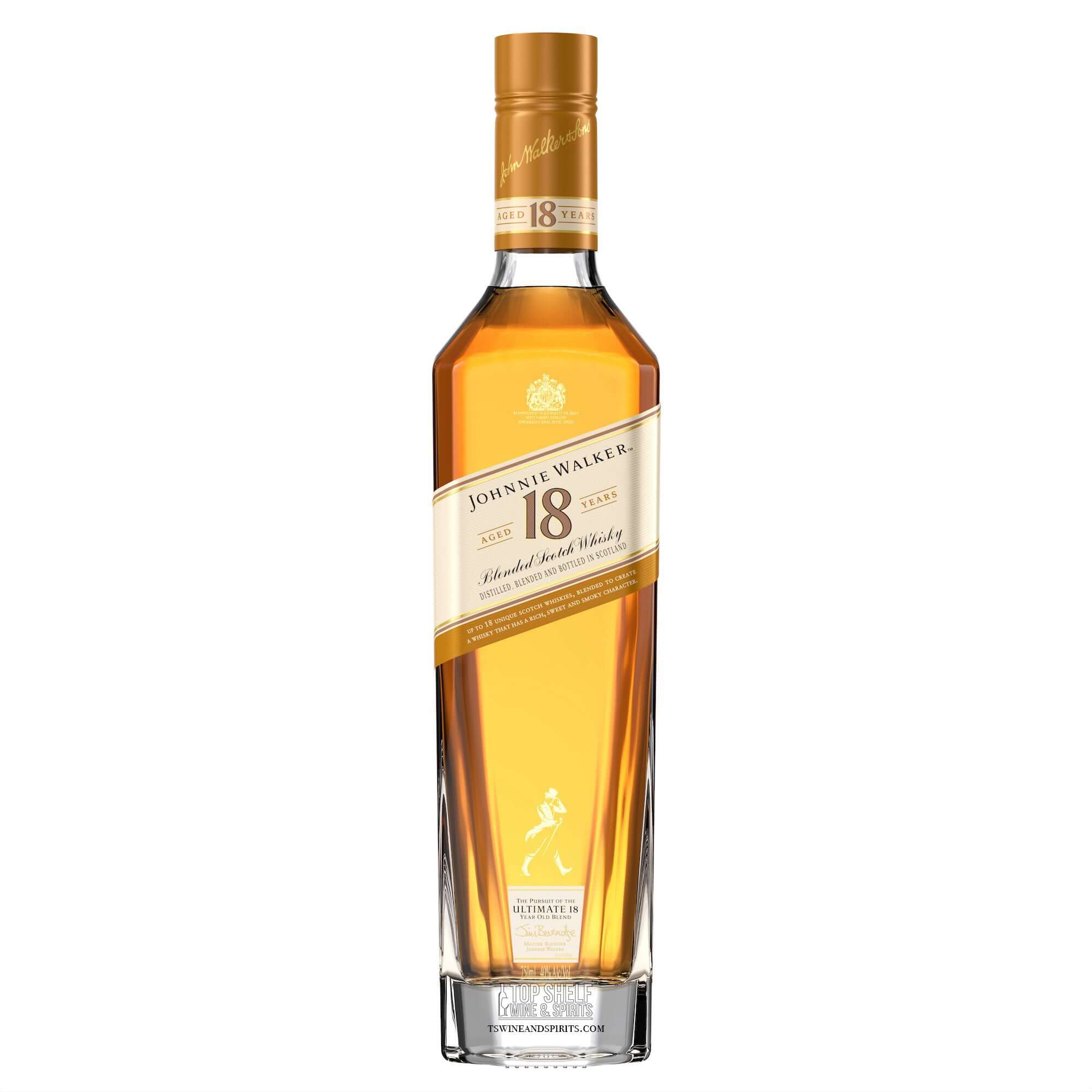 Johnnie Walker 18 Year Scotch whisky bottle with golden liquid, showcasing classic and contemporary flavor notes.