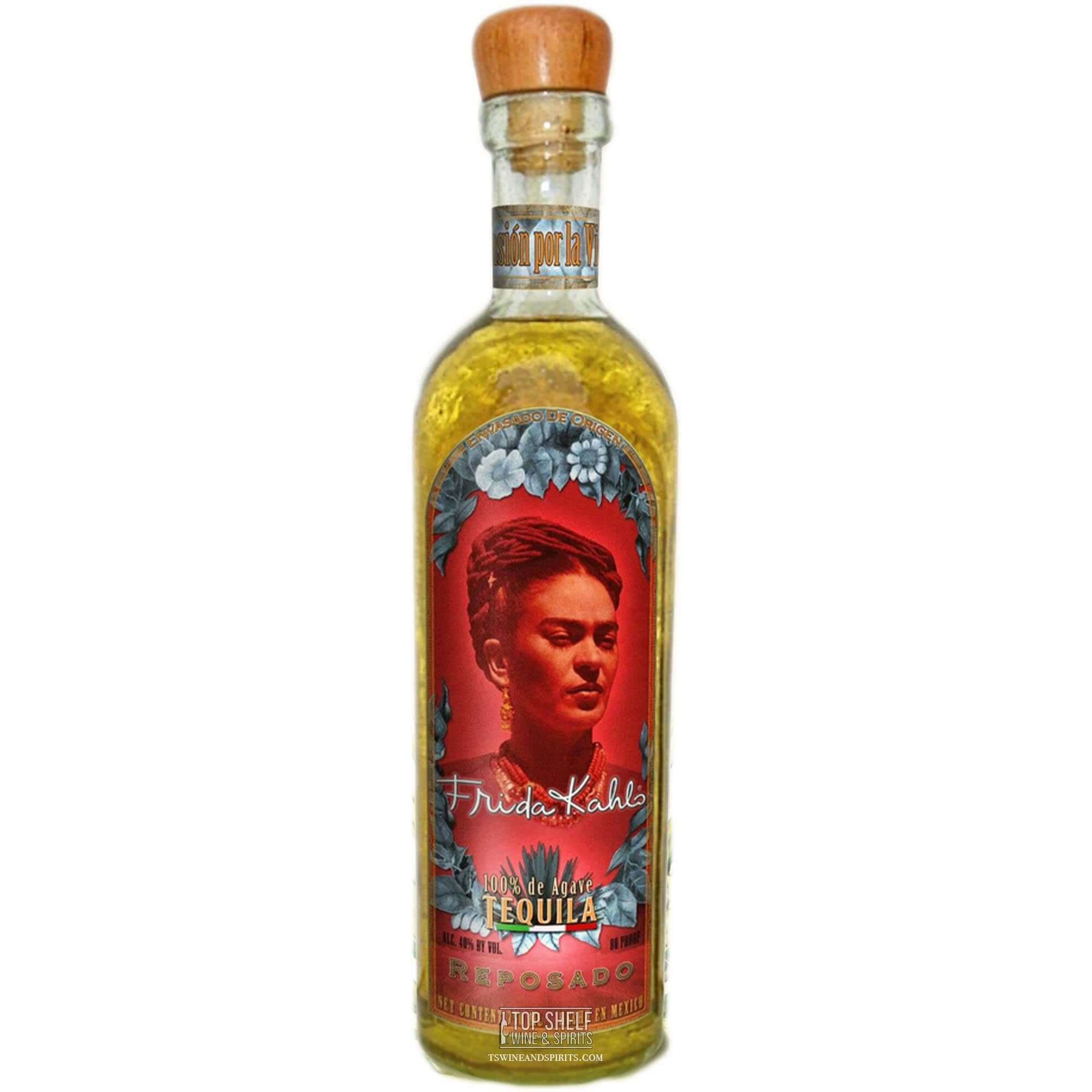 Frida Kahlo Reposado Tequila bottle showcasing smooth, super-premium tequila aged in American Oak casks.