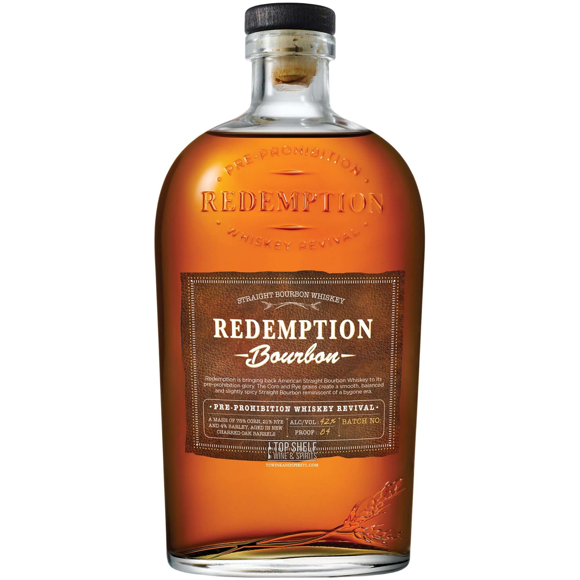 Redemption Straight Bourbon bottle featuring its elegant label and rich amber color, showcasing America's Native Spirit.