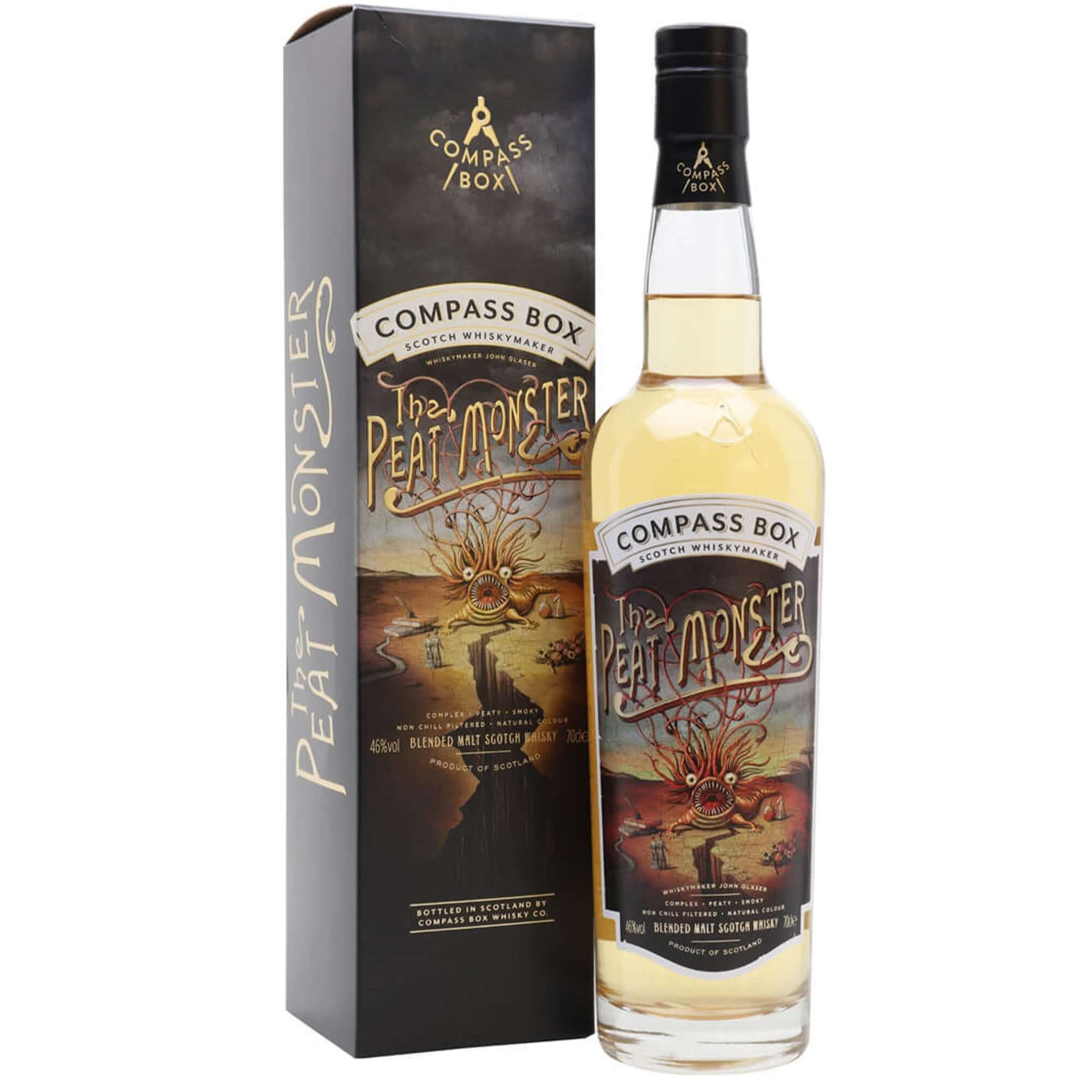 Compass Box The Peat Monster Scotch bottle with artistic label and box, showcasing smoky whisky elegance.