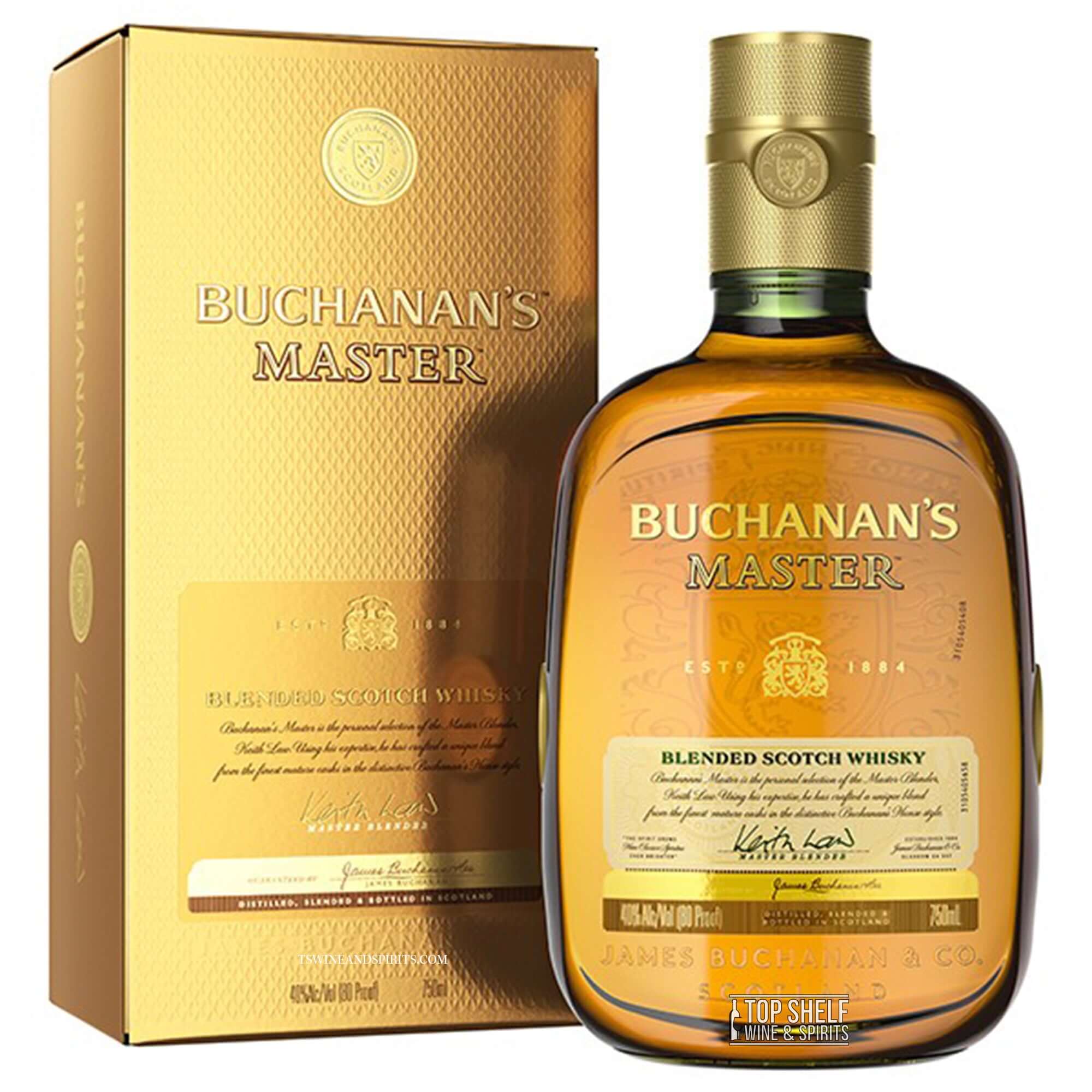 Buchanan's Master Blend whisky bottle with gold packaging, awarded silver at 2020 World Spirits Competition.