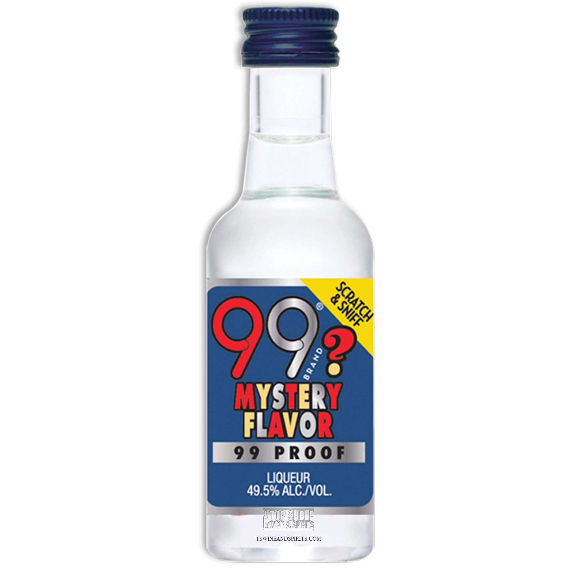 99 Brand Mystery Flavor 50ml bottle with 49.5% ABV, showcasing a unique, unidentifiable liqueur.