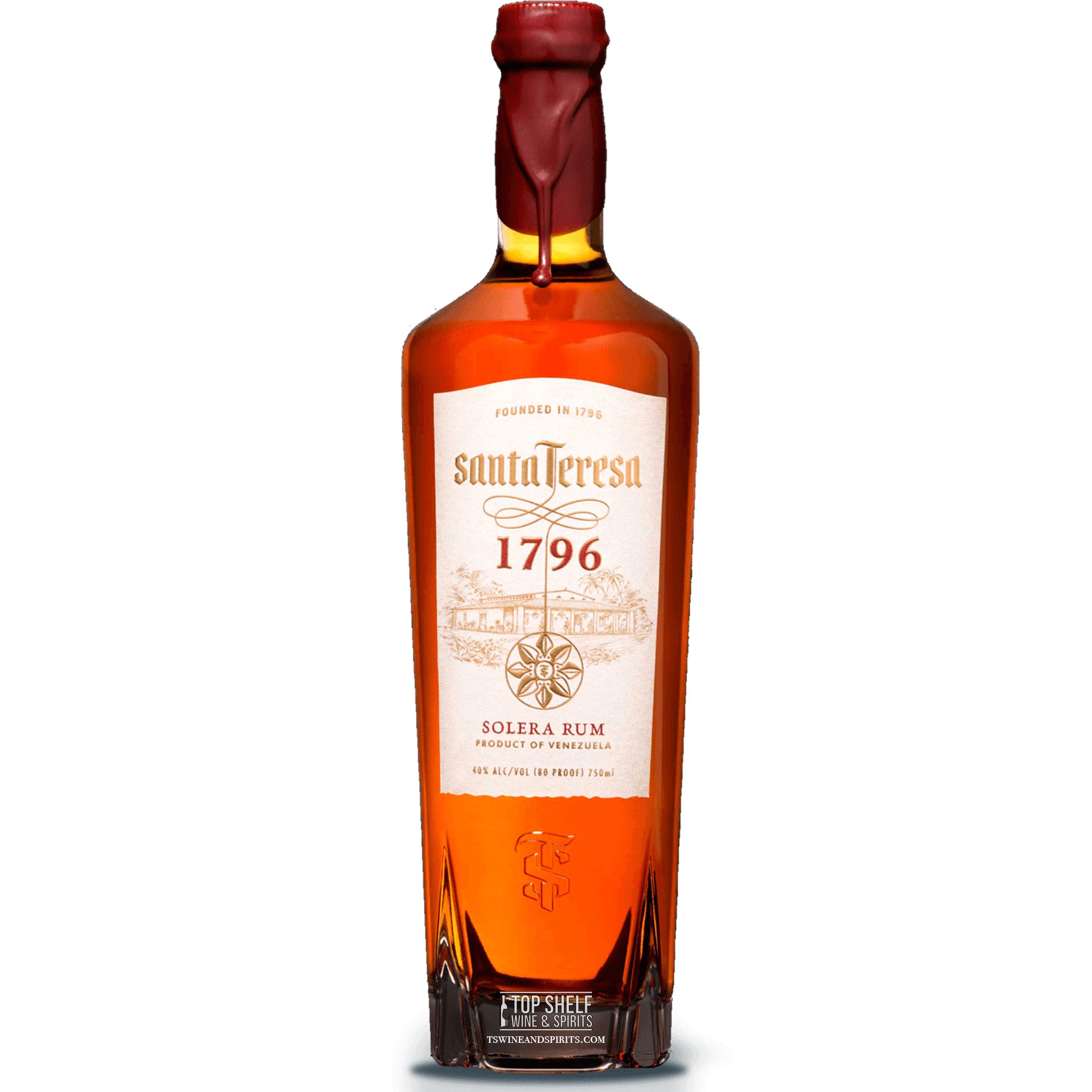 Santa Teresa 1796 Venezuelan Single-Estate Solera Rum bottle, featuring its unique design and rich amber color.