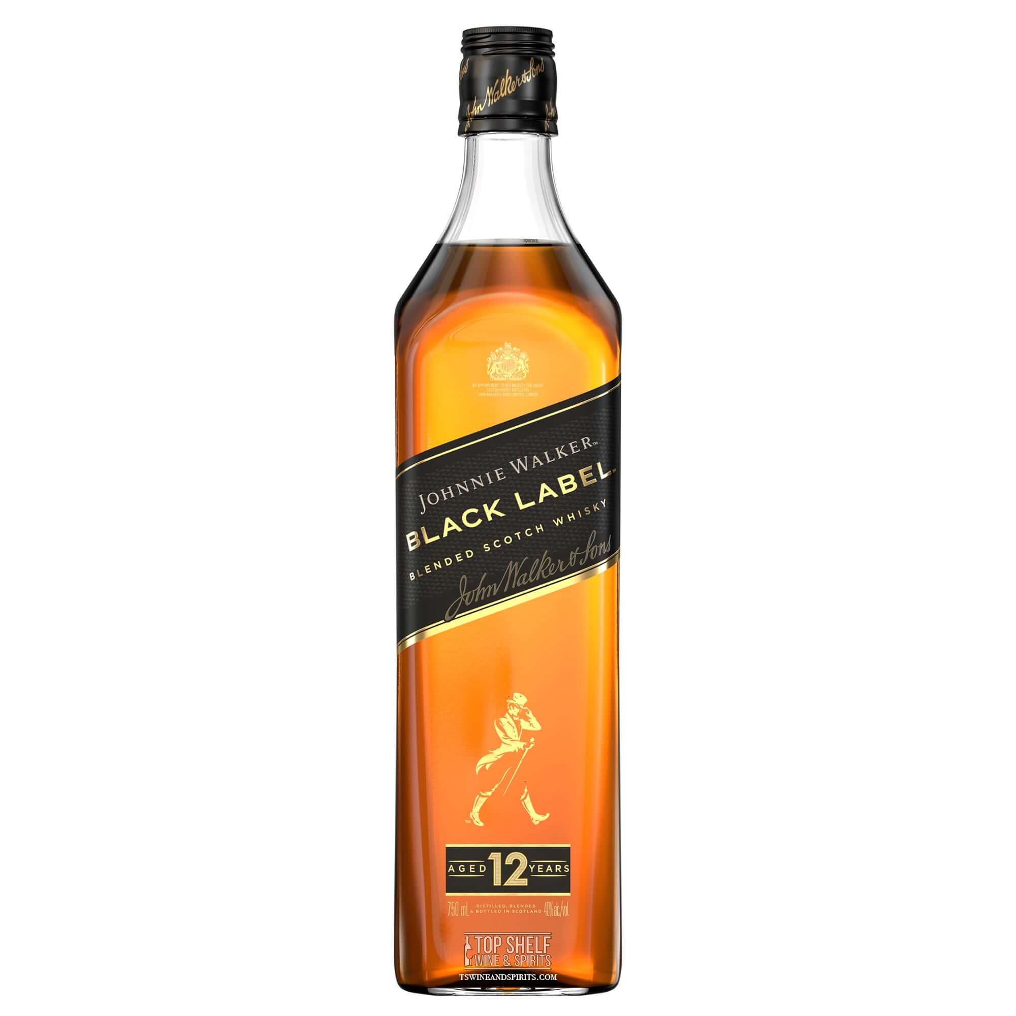 Bottle of Johnnie Walker Black Label blended Scotch whisky aged 12 years, featuring a smooth, deep character.