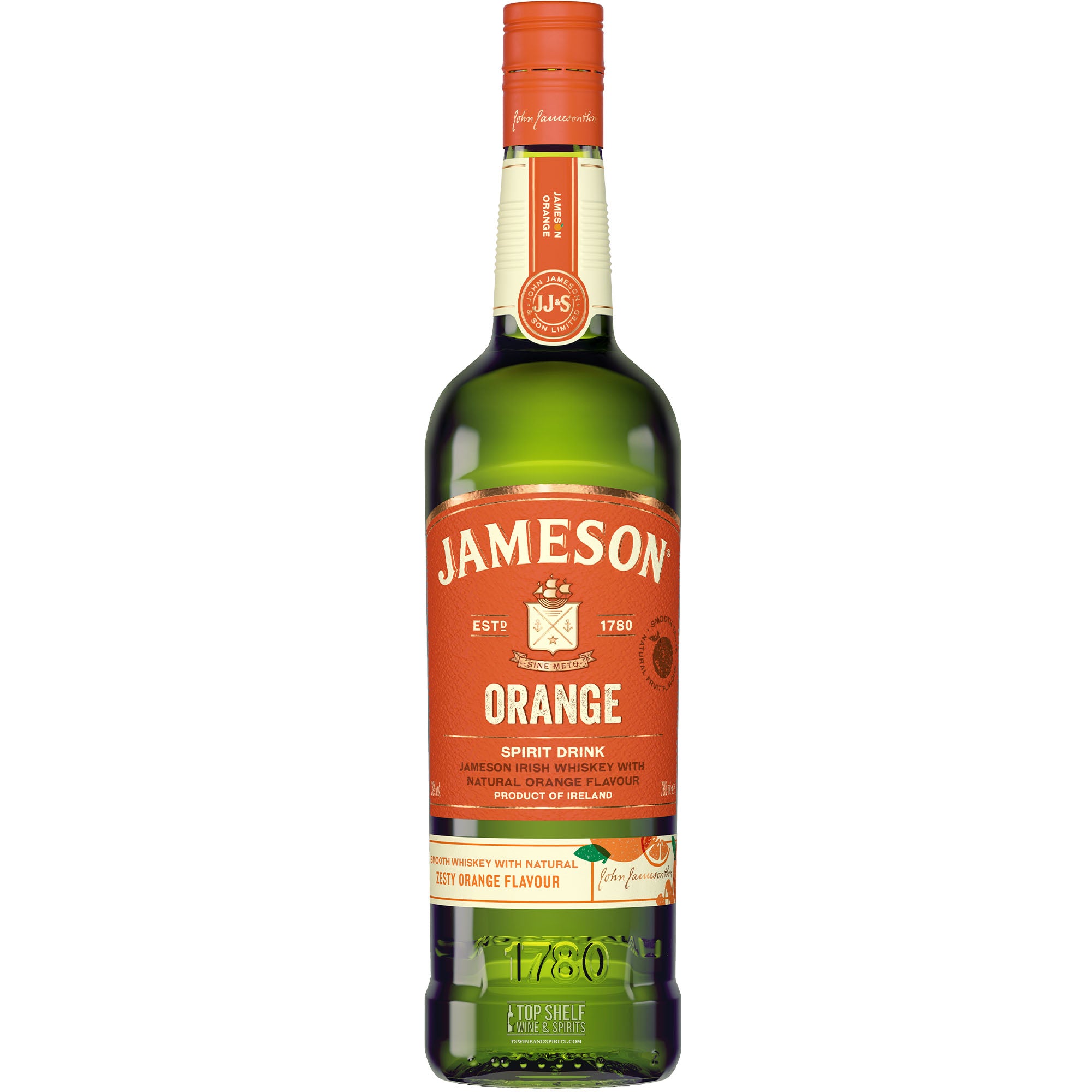 Jameson Orange Irish Whiskey bottle showcasing zesty orange flavor, perfect for refreshing drinks and cocktails.