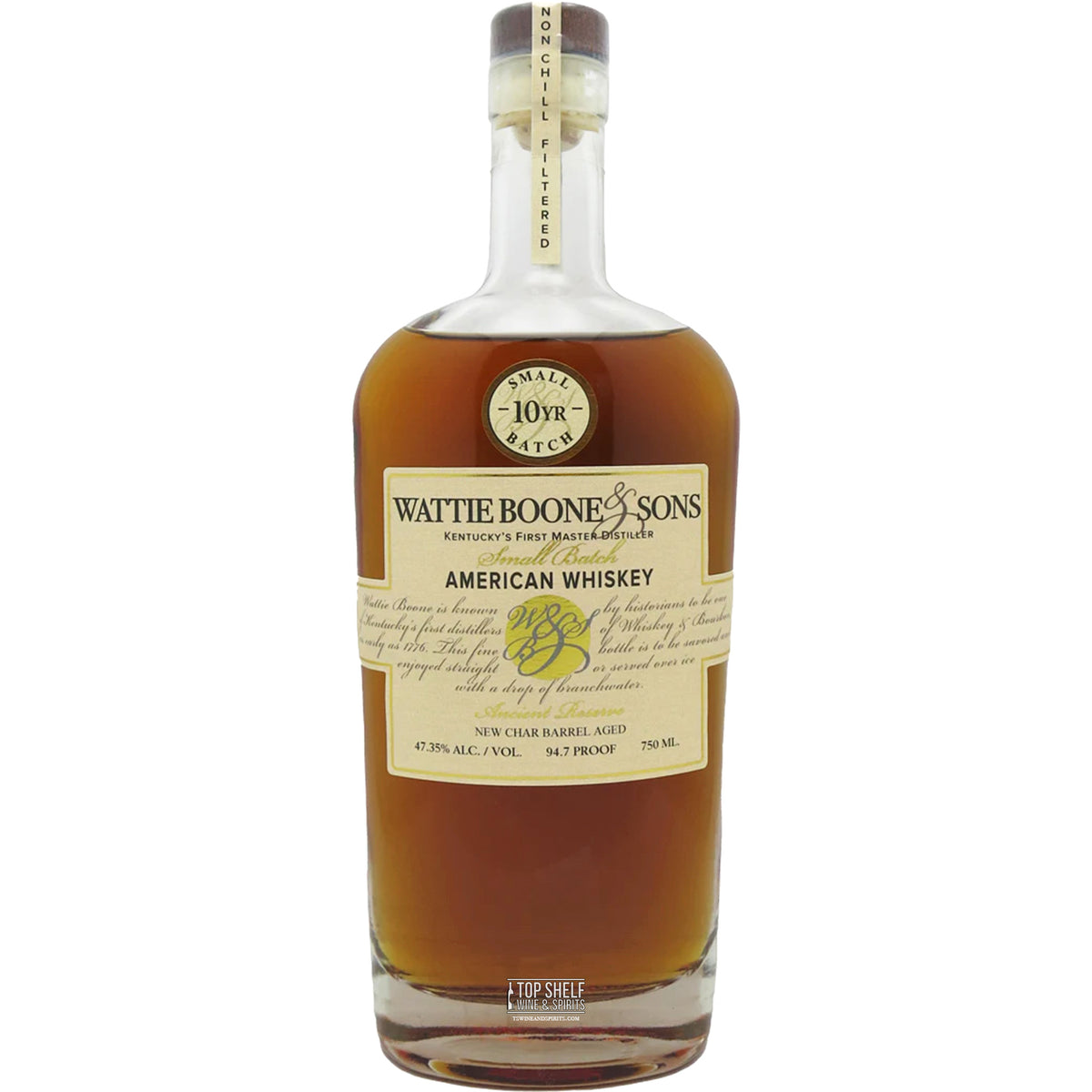 Wattie Boone & Sons 10 Year Small Batch American Whiskey bottle with label showcasing craftsmanship and heritage.