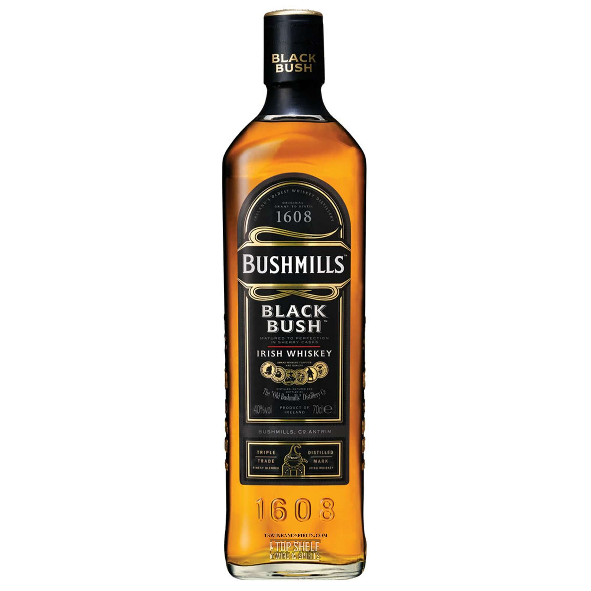 Bushmills Black Bush Irish Whiskey bottle showcasing rich amber color and elegant label design.