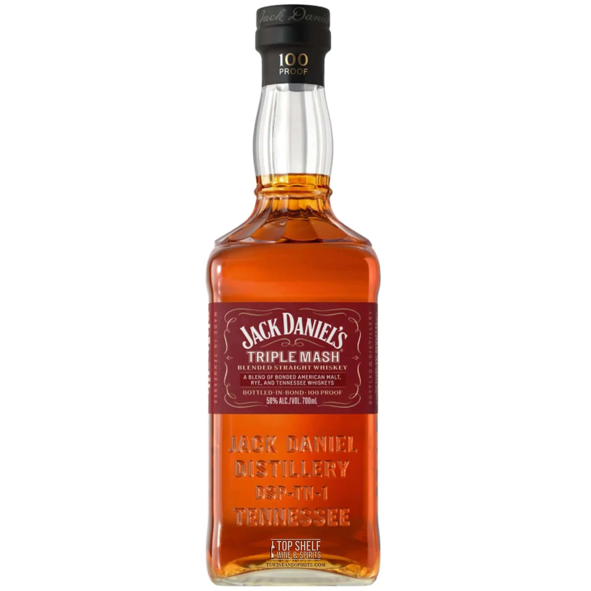 Jack Daniel's Triple Mash Bottled-In-Bond whiskey bottle showcasing 100 proof and rich amber color.