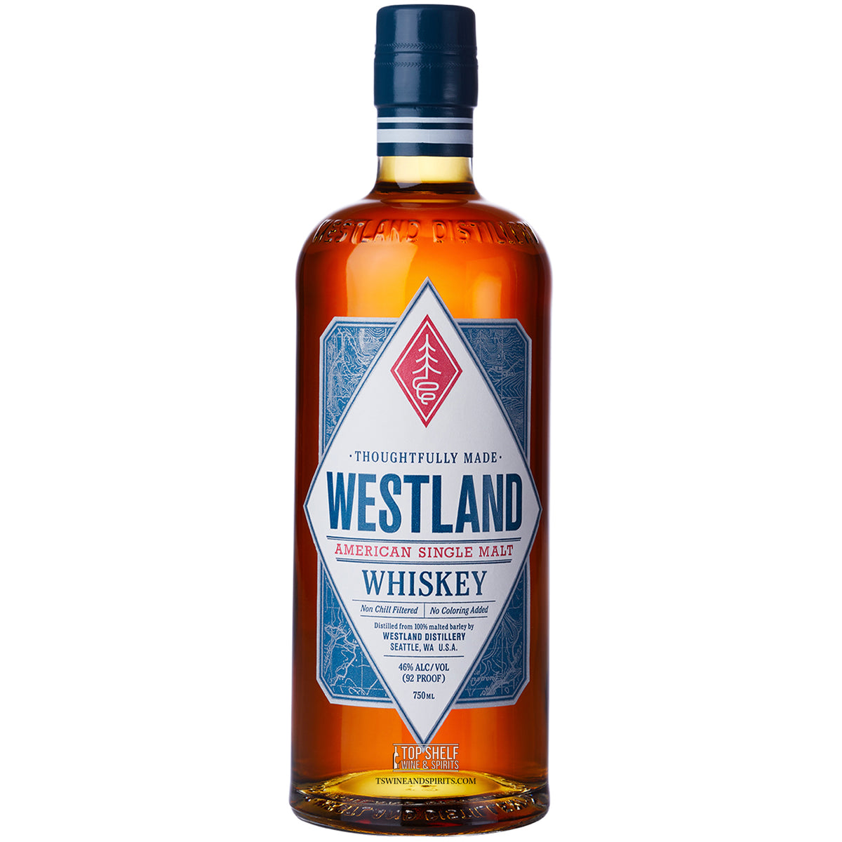 Westland Single Malt Flagship Whiskey bottle showcasing its distinct American craftsmanship and rich amber color.