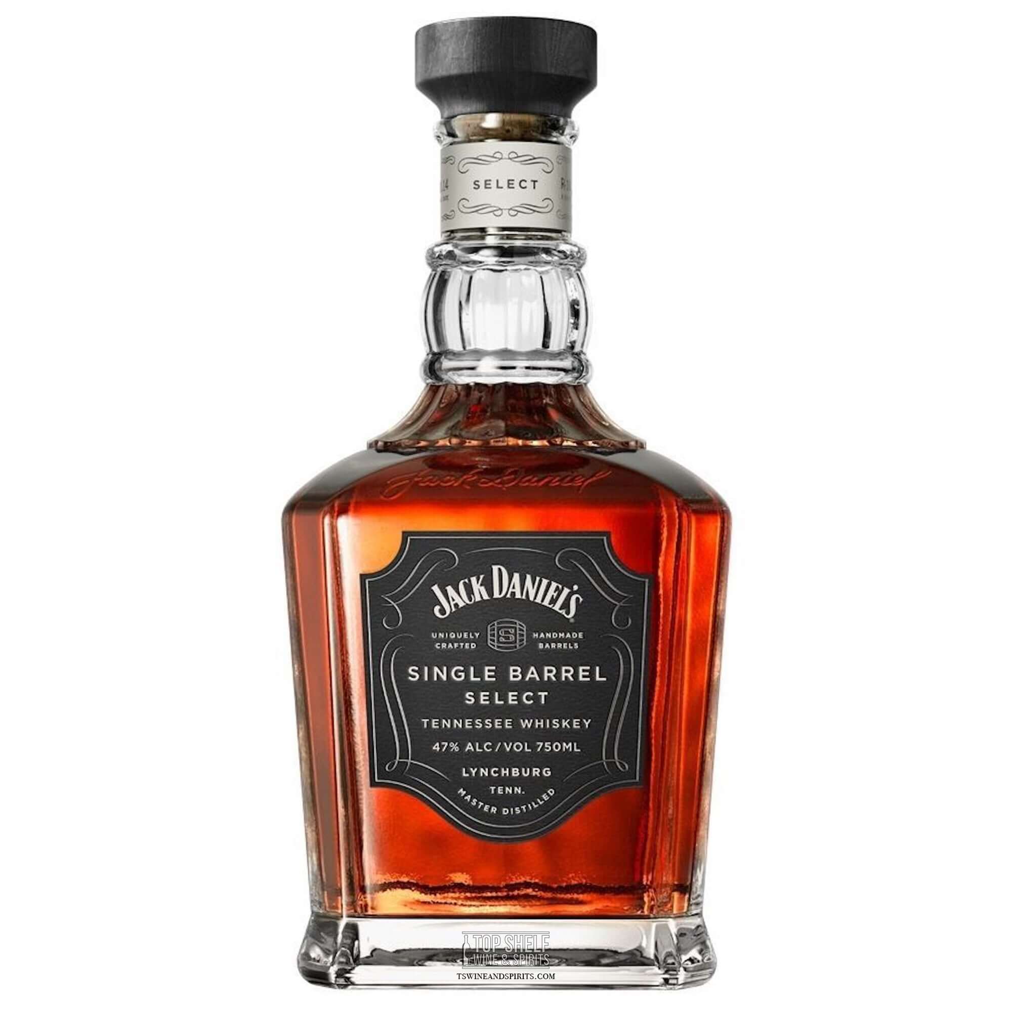 Jack Daniel's Single Barrel Select whiskey bottle, featuring rich caramel and spice notes, 94-proof Tennessee whiskey.