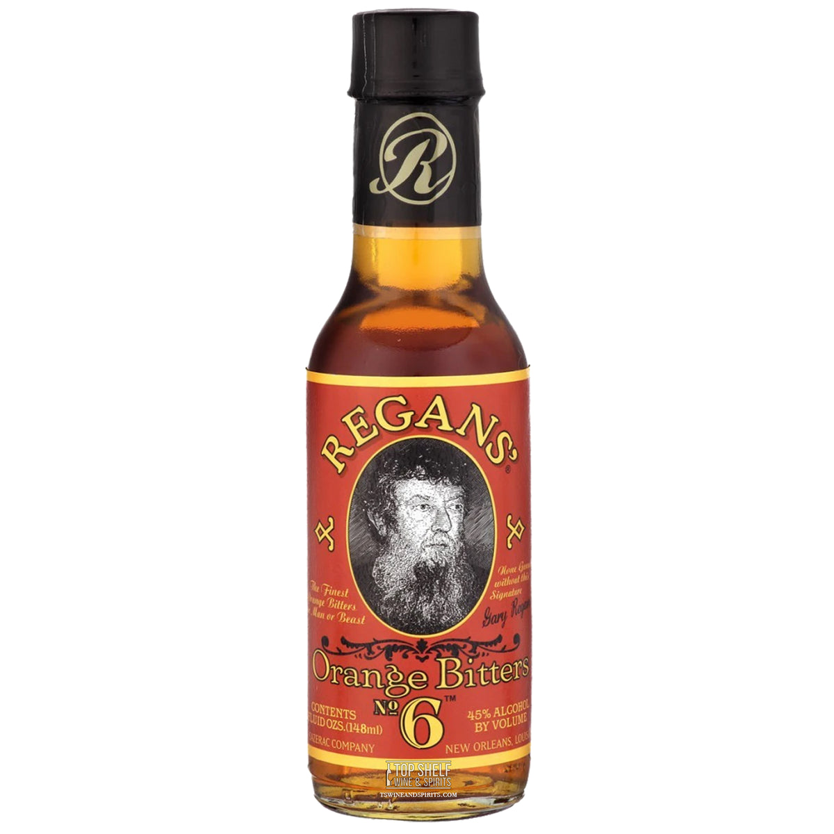 Regans Orange Bitters No 6 bottle with 45% ABV, featuring flavors of orange peel, cardamon, and gentian.