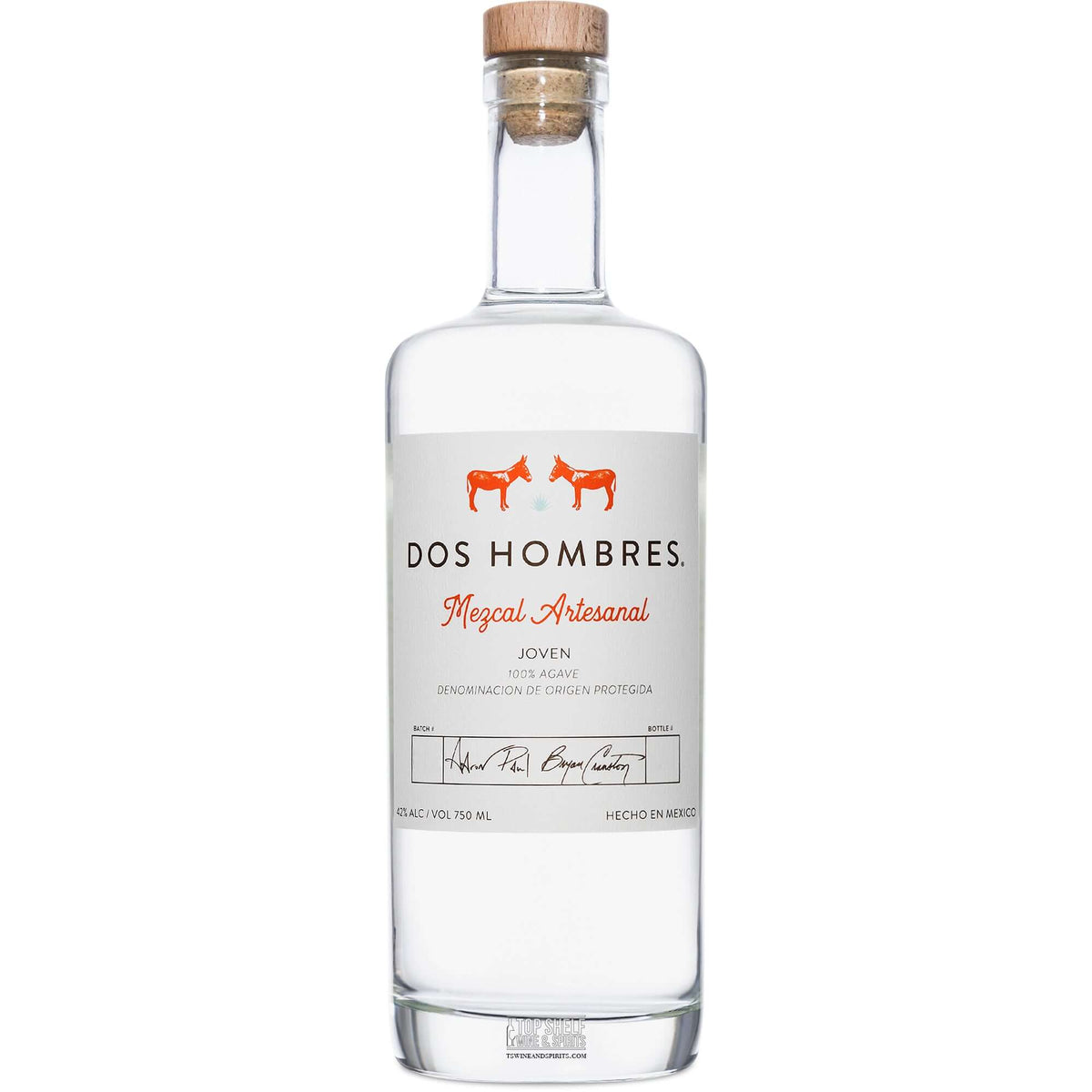 Bottle of Dos Hombres Mezcal Espadin Joven, showcasing its artisanal label and smooth, clear liquid.