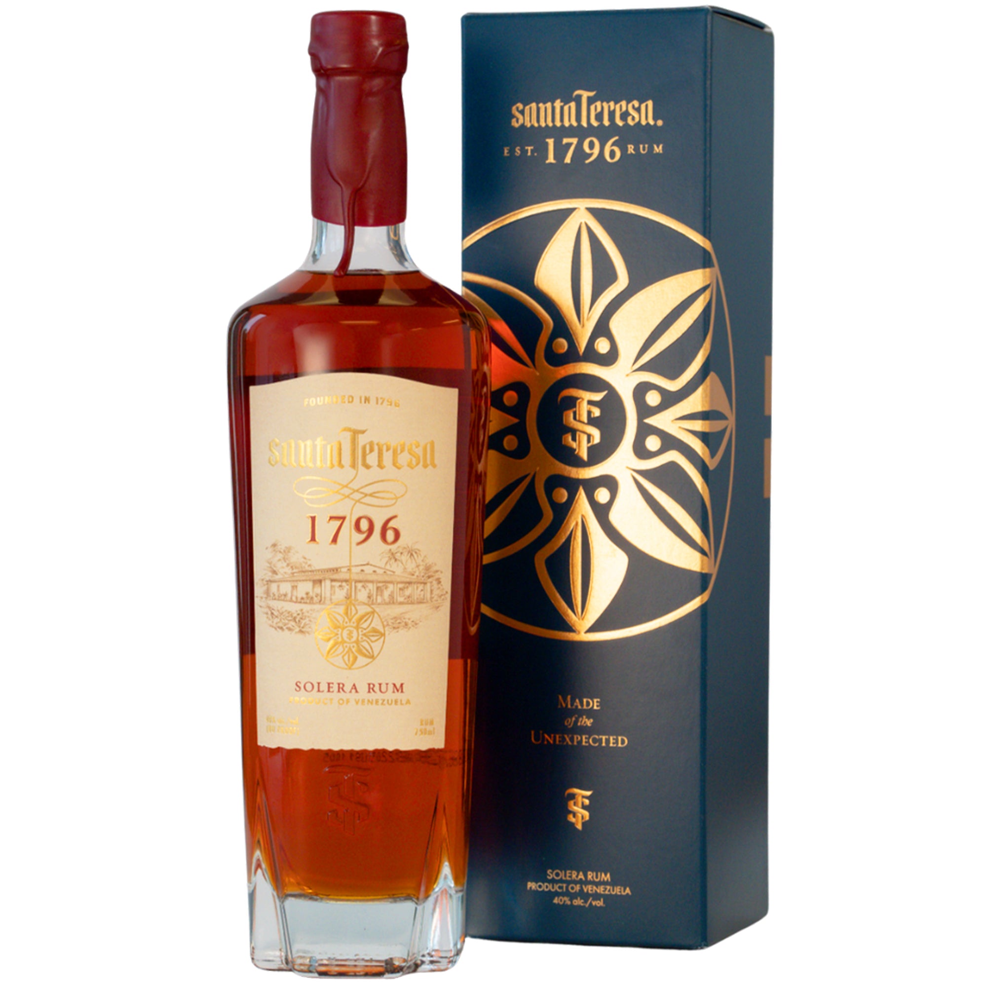 Santa Teresa 1796 Venezuelan Solera Rum bottle with elegant packaging, commemorating the Hacienda's bicentennial.