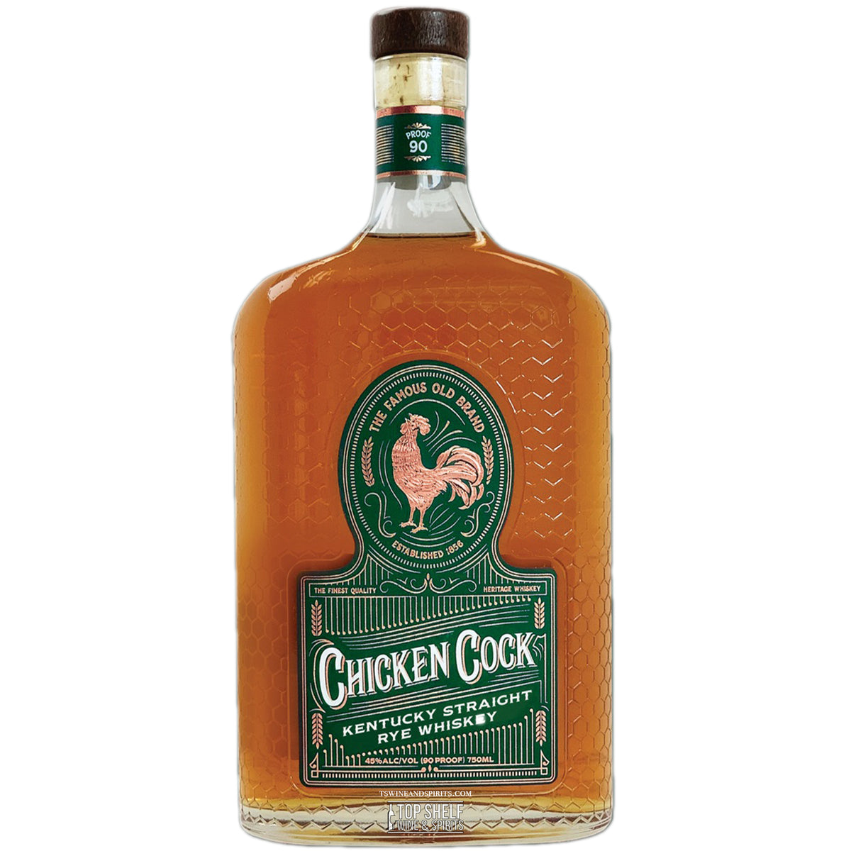 Bottle of Chicken Cock Kentucky Straight Rye Whiskey, 90 proof, featuring classic design and amber color, available for purchase.